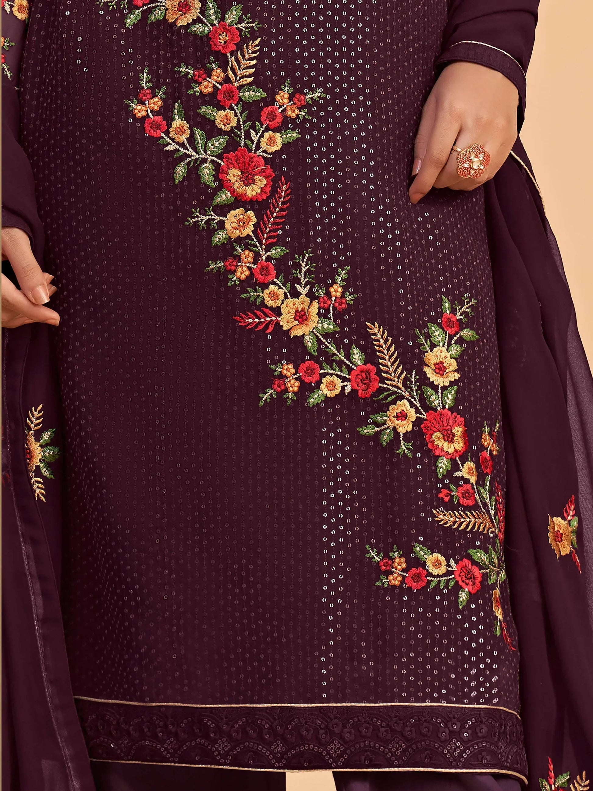 Superb Wine Thread Embroidered Georgette Salwar Suit - Zeel Clothing