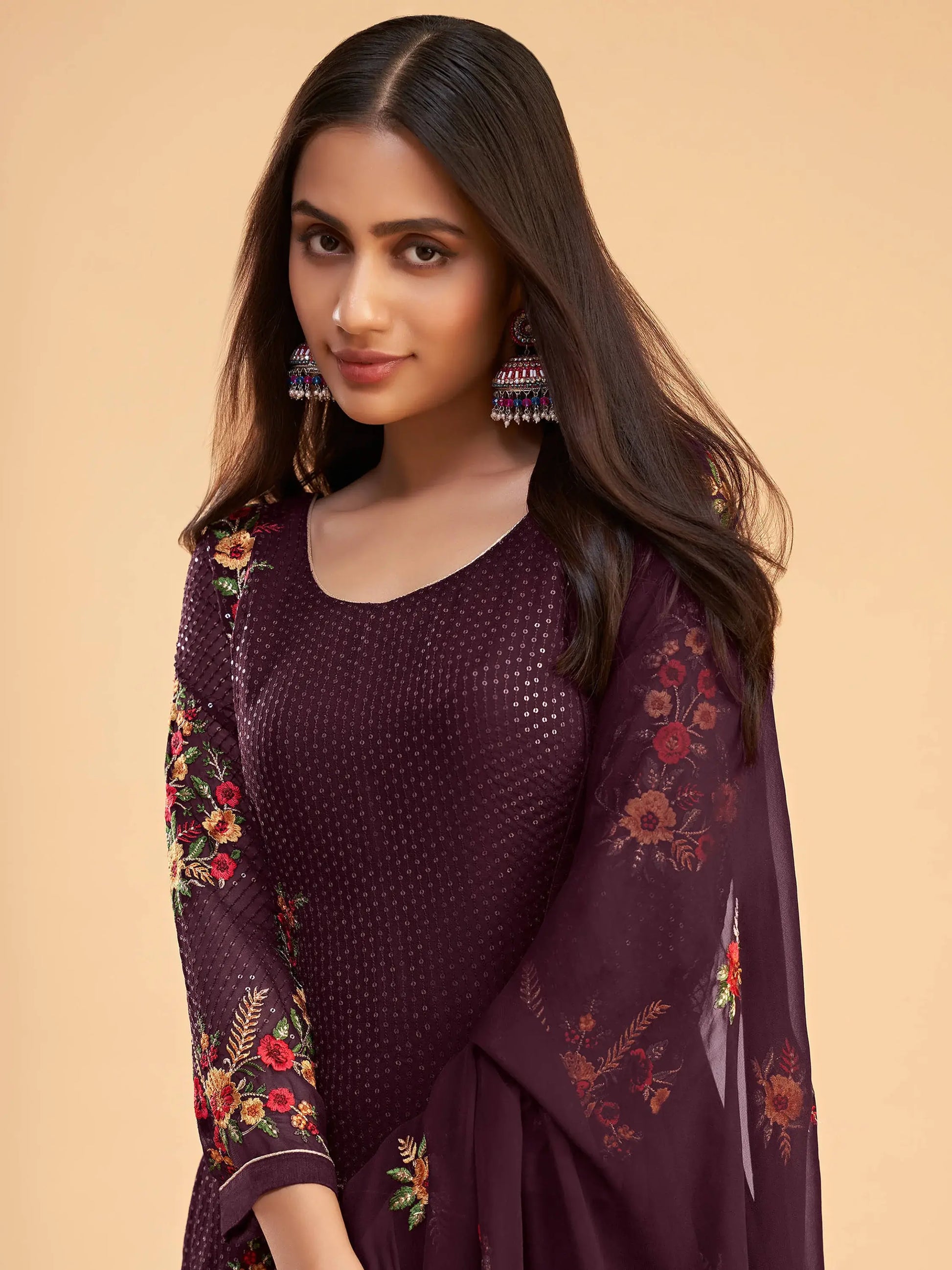 Superb Wine Thread Embroidered Georgette Salwar Suit - Zeel Clothing