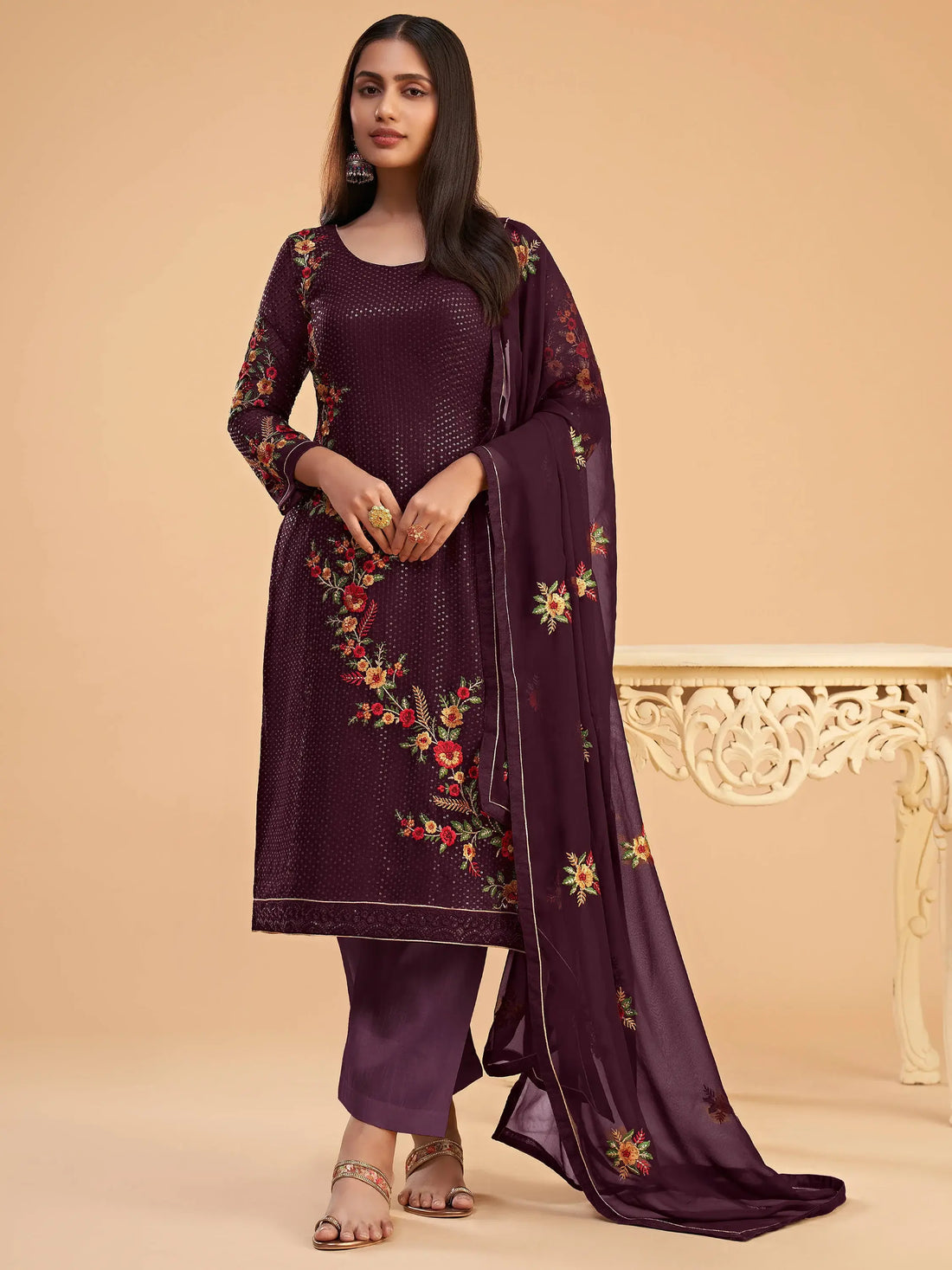 Superb Wine Thread Embroidered Georgette Salwar Suit - Zeel Clothing
