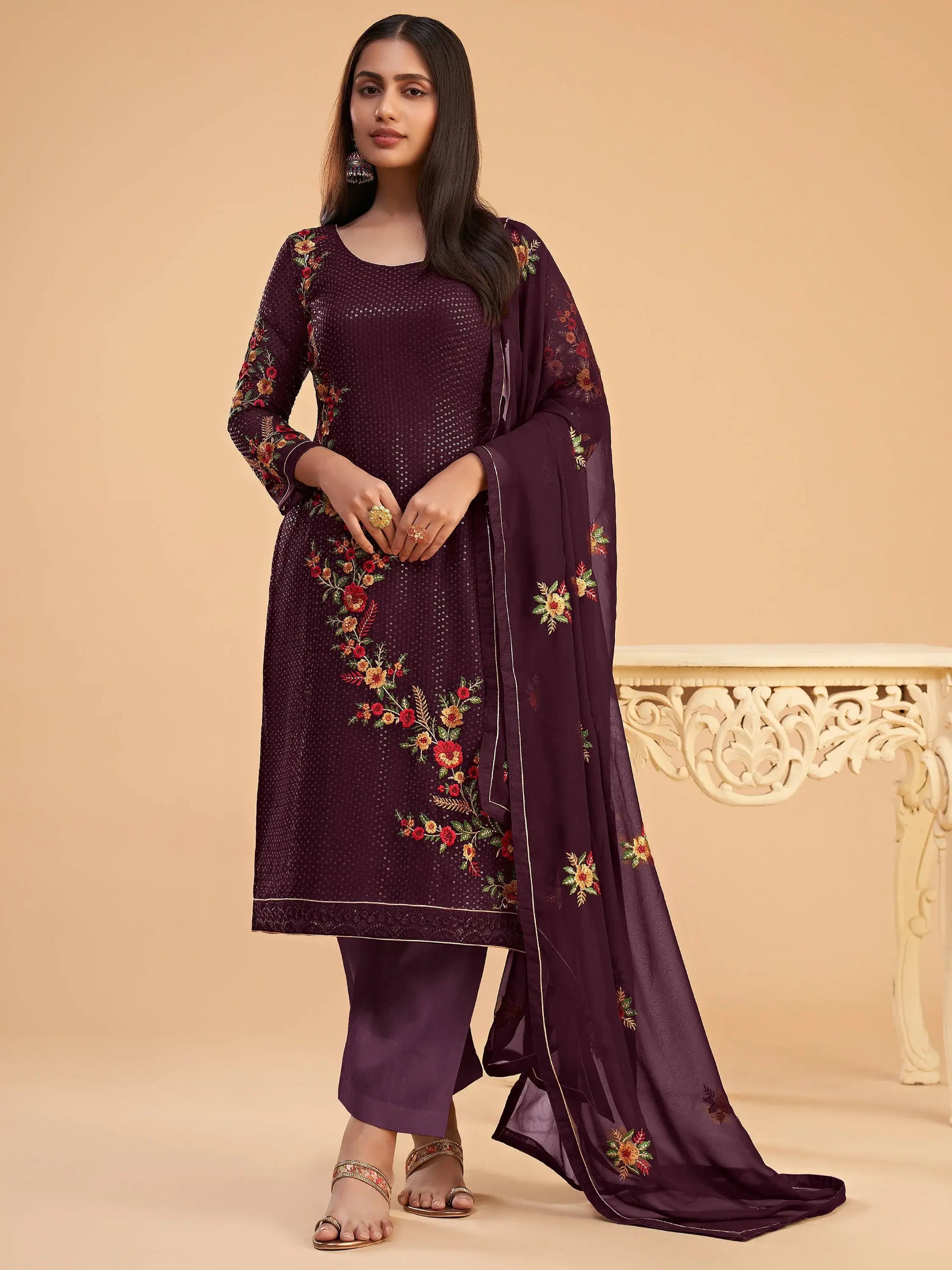 Superb Wine Thread Embroidered Georgette Salwar Suit - Zeel Clothing