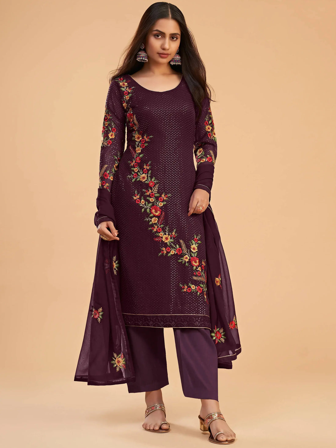Superb Wine Thread Embroidered Georgette Salwar Suit - Zeel Clothing