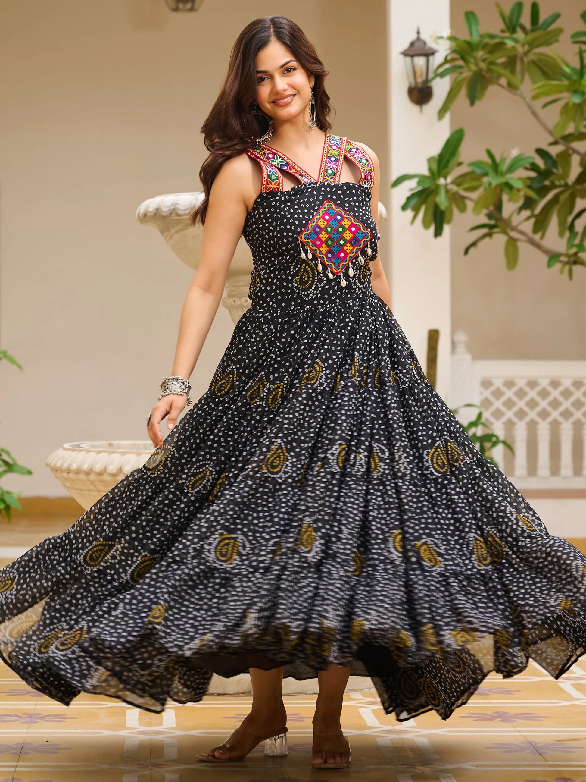 Superior Black Bandhani Print Georgette Navratri Special Gown - Zeel Clothing