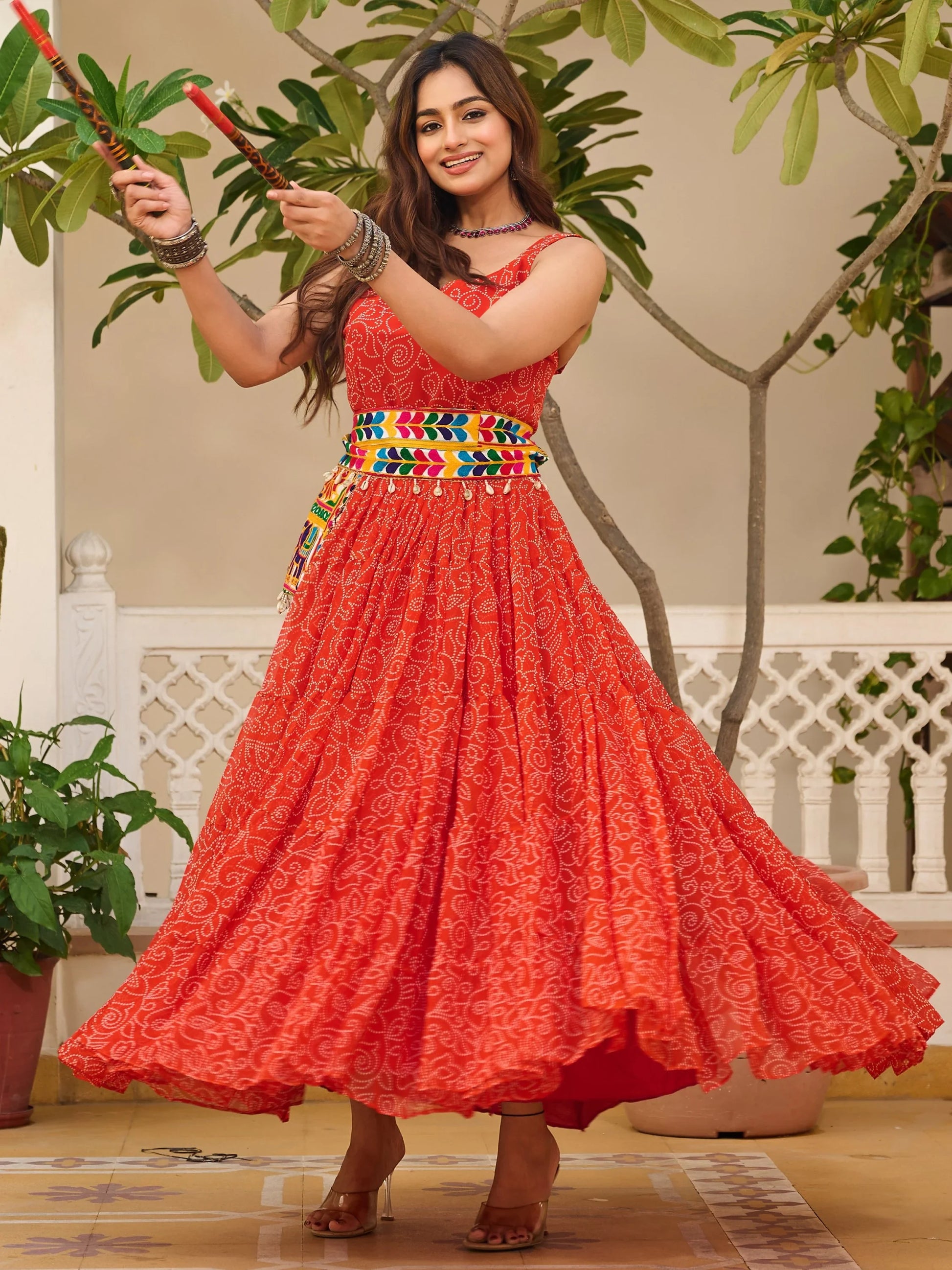 Superior Coral Red Bandhani Printed Georgette Navratri Wear Gown - Zeel Clothing