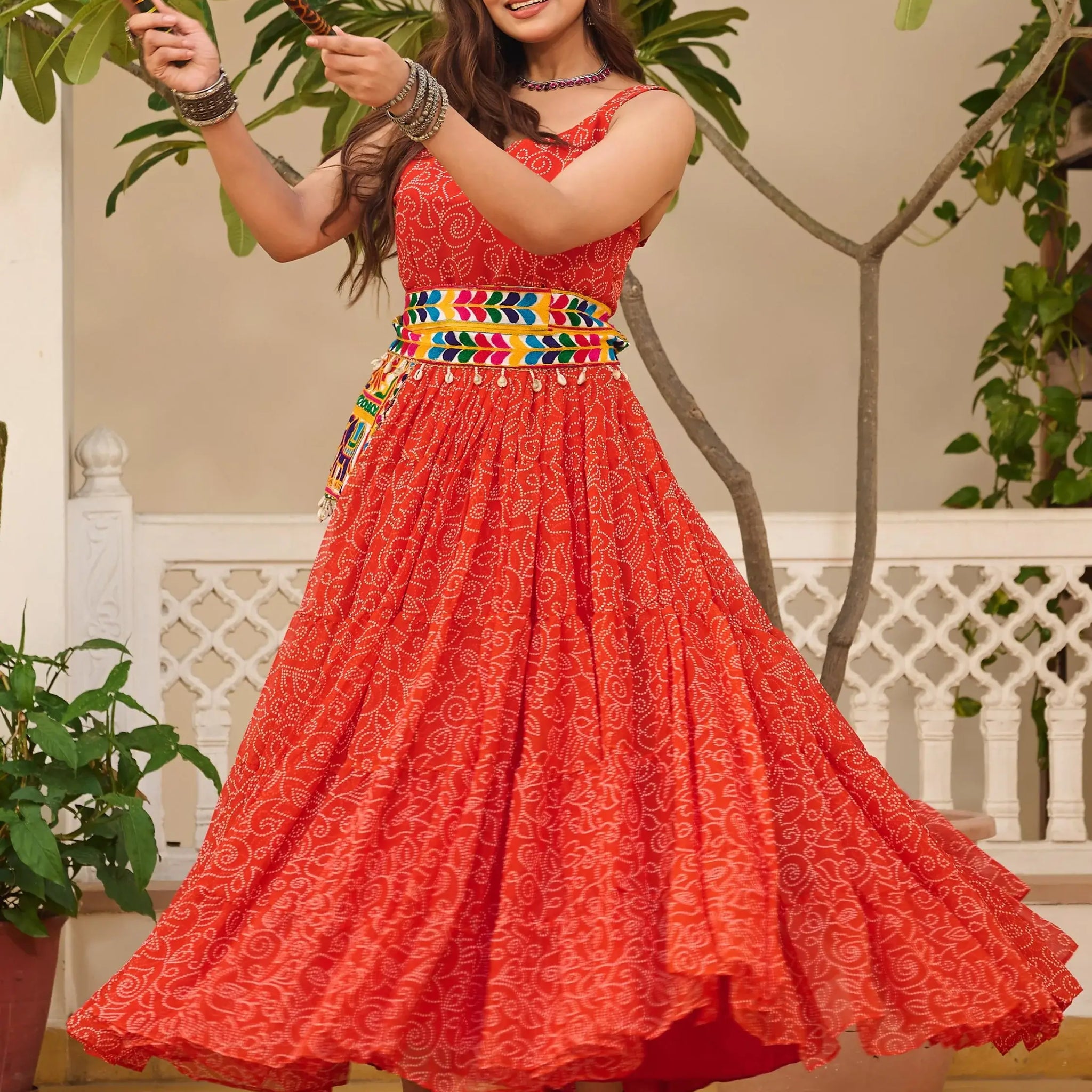 Superior Coral Red Bandhani Printed Georgette Navratri Wear Gown - Zeel Clothing