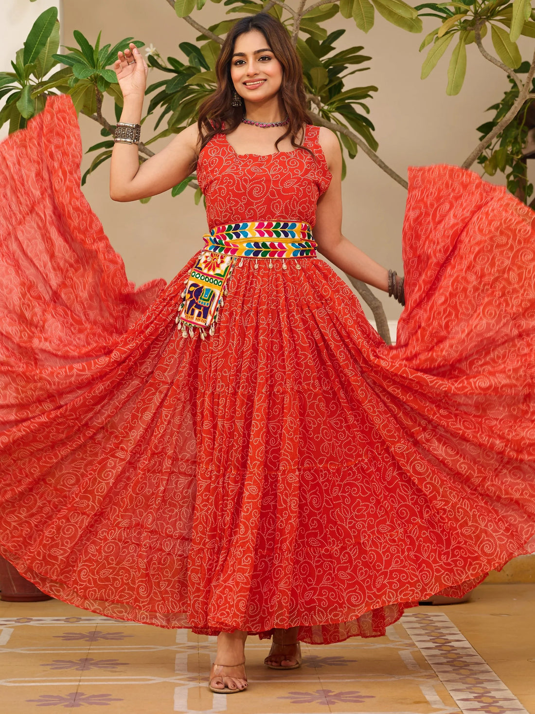 Superior Coral Red Bandhani Printed Georgette Navratri Wear Gown - Zeel Clothing