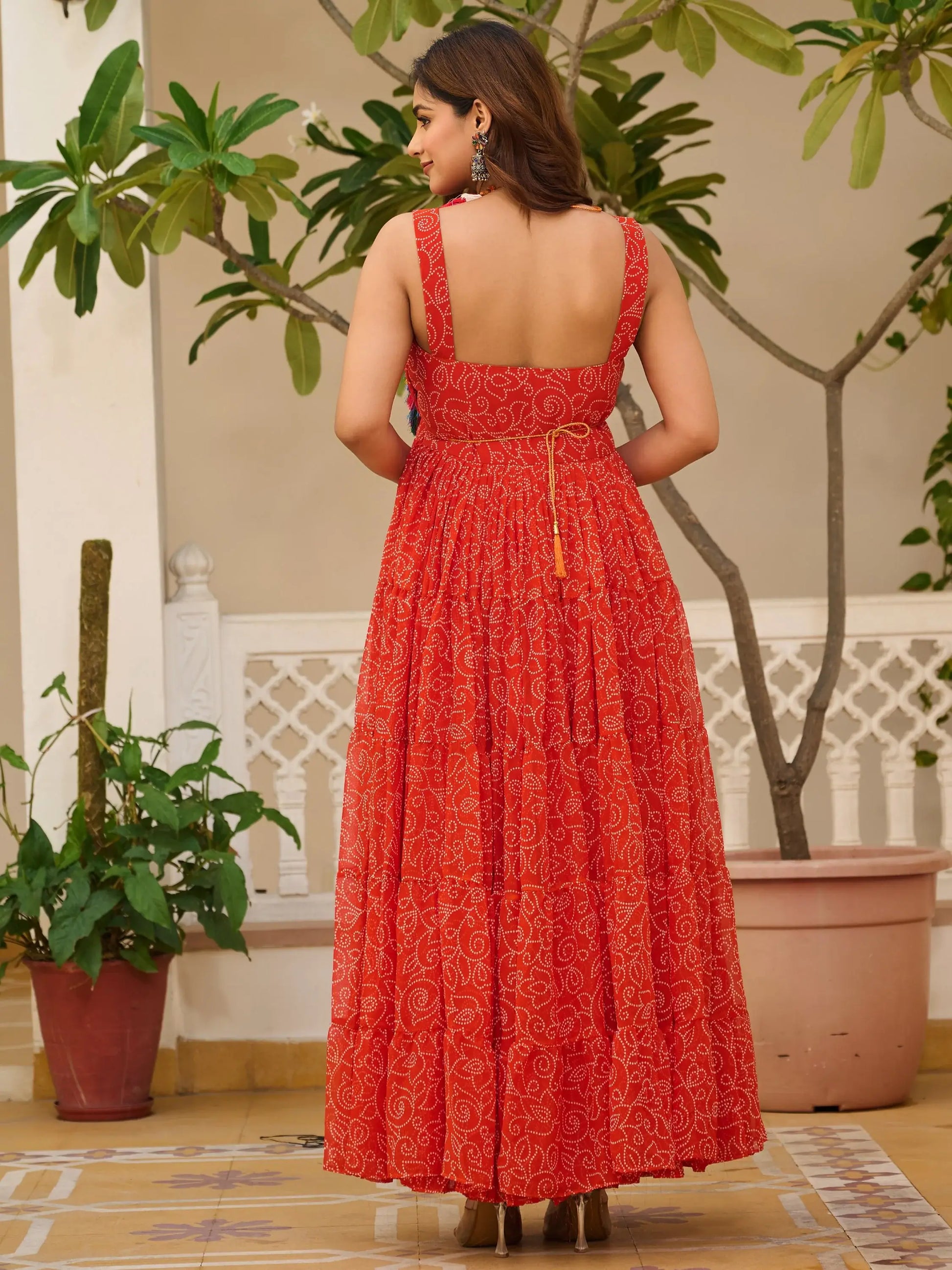 Superior Coral Red Bandhani Printed Georgette Navratri Wear Gown - Zeel Clothing