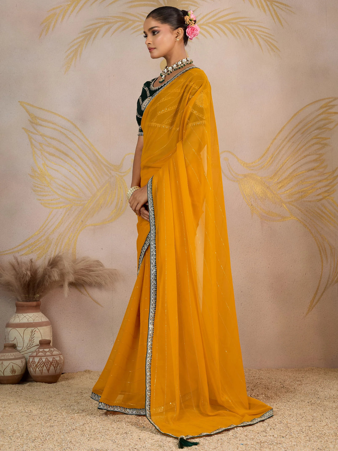 Superior Mustard Yellow Zari Work Georgette Haldi Wear Saree With Blouse