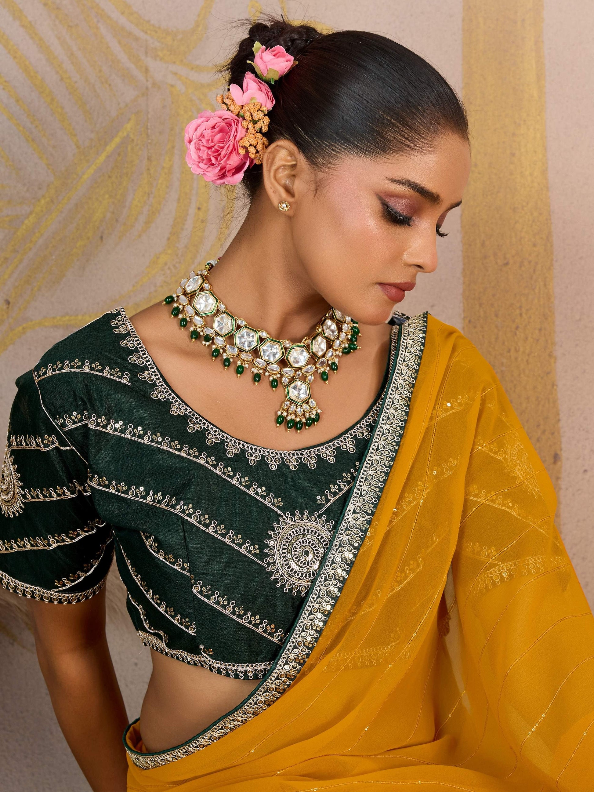 Superior Mustard Yellow Zari Work Georgette Haldi Wear Saree With Blouse