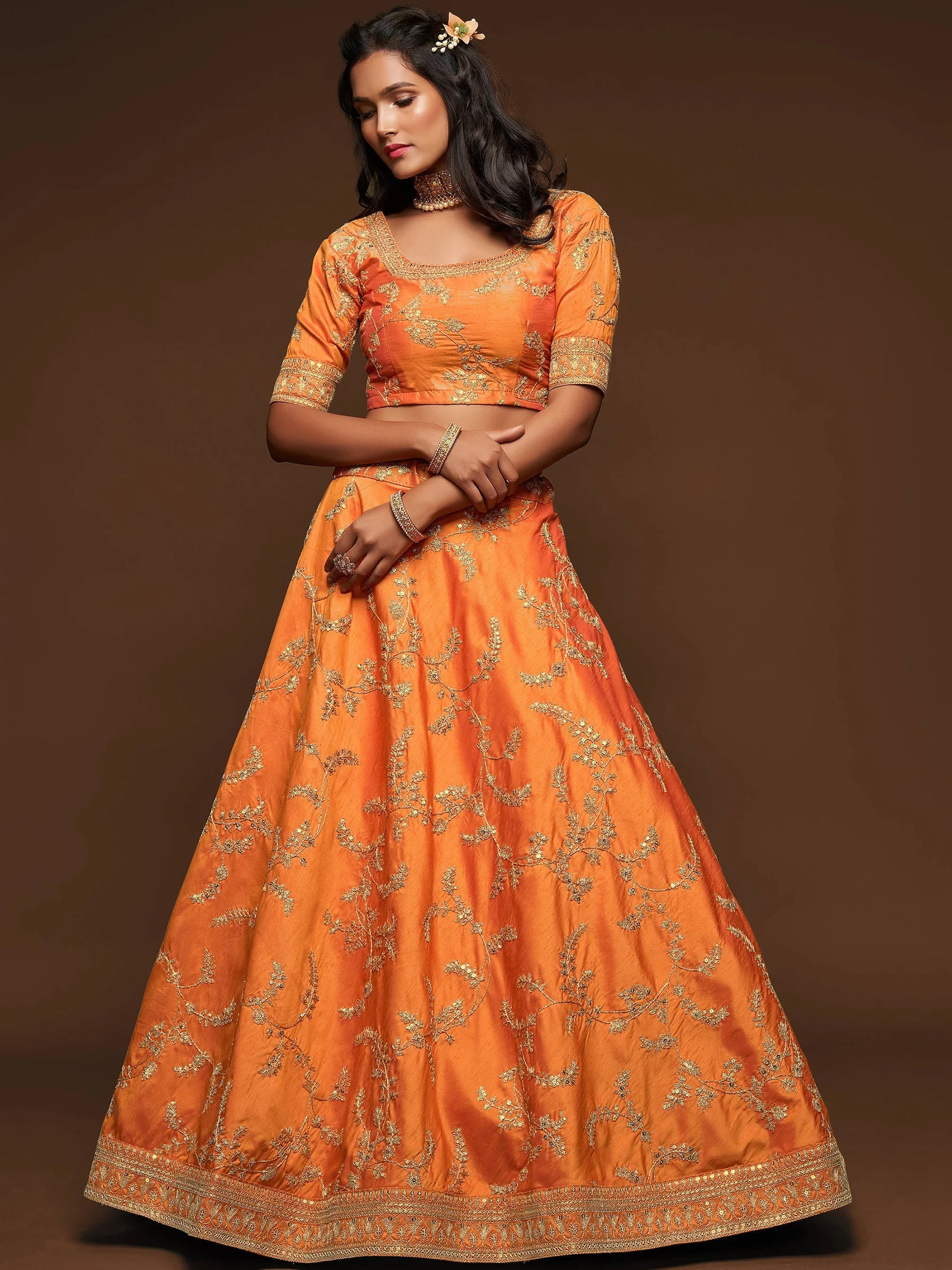 Superior Orange Thread Embroidery Art Silk Wedding Lehenga Choli - Zeel Clothing