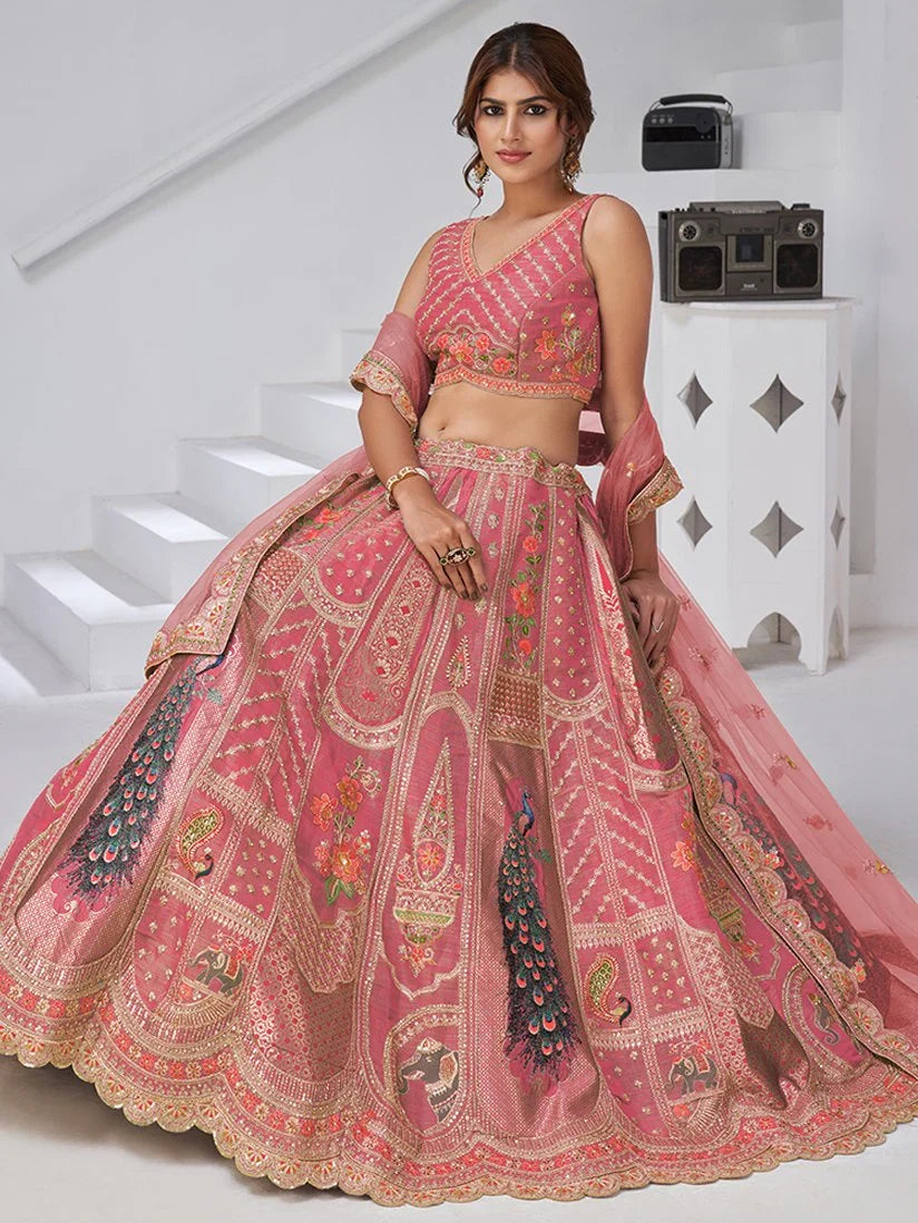 Superior Pink Thread Work Banarasi Silk Reception Wear Lehenga With Blouse