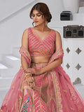 Superior Pink Thread Work Banarasi Silk Reception Wear Lehenga With Blouse