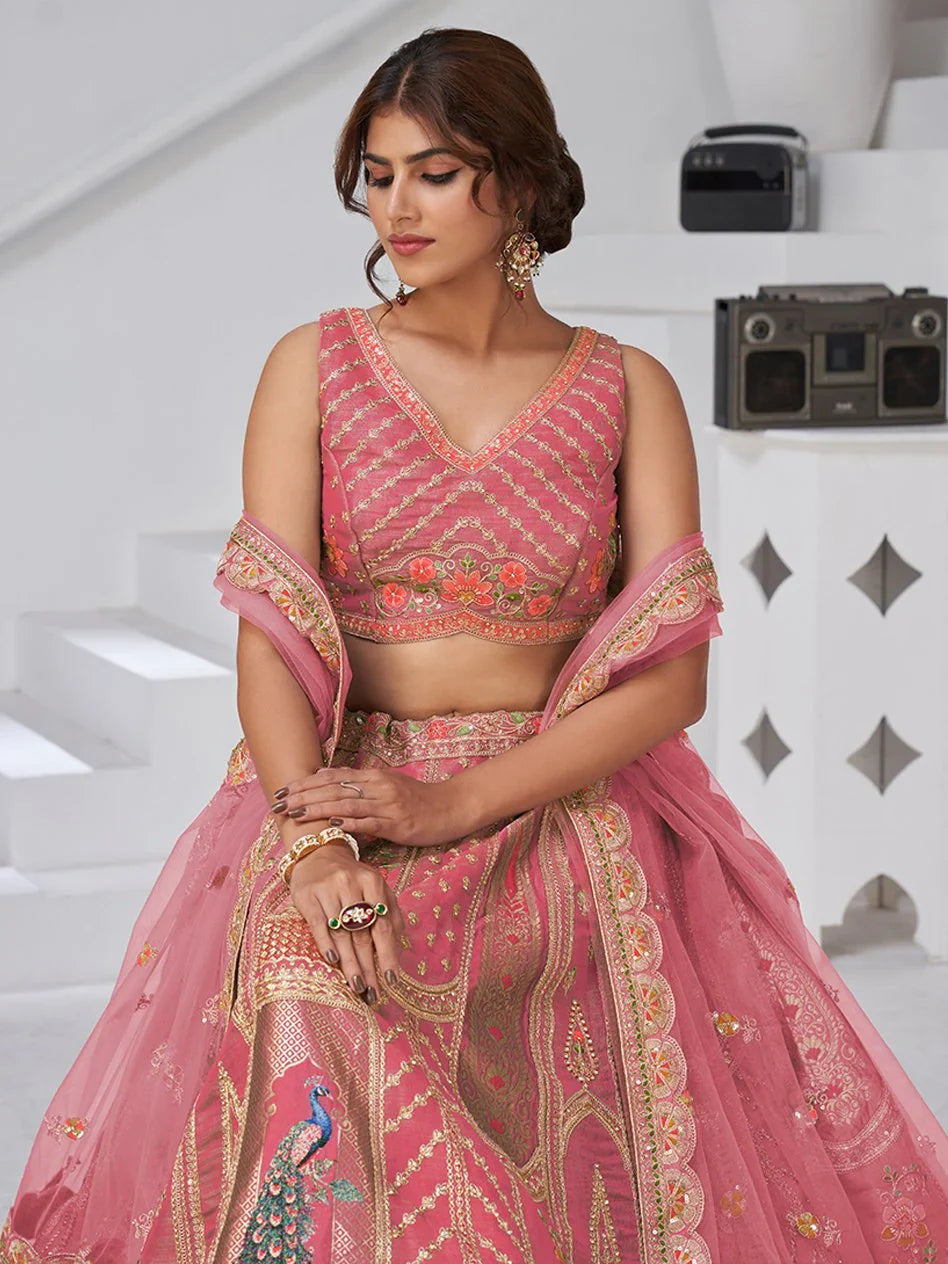 Superior Pink Thread Work Banarasi Silk Reception Wear Lehenga With Blouse