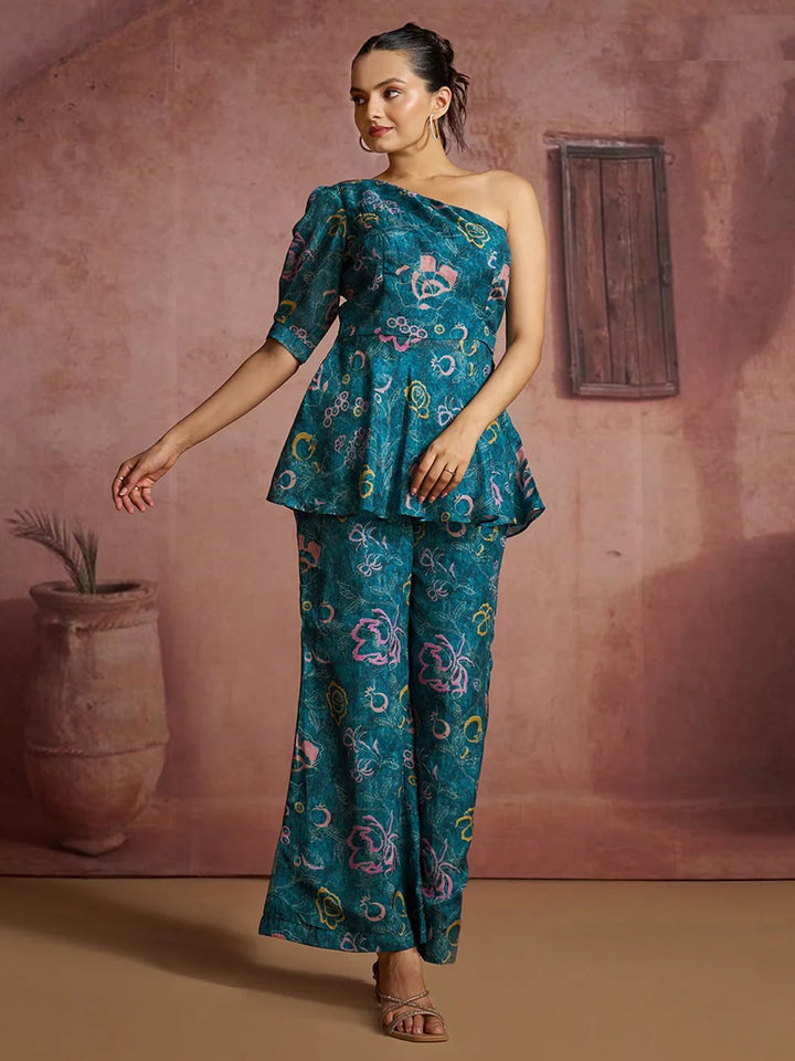 Superior Teal Blue Floral Printed Muslin Silk Cocktail Wear Peplum Co-Ord Set