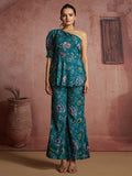 Superior Teal Blue Floral Printed Muslin Silk Cocktail Wear Peplum Co-Ord Set