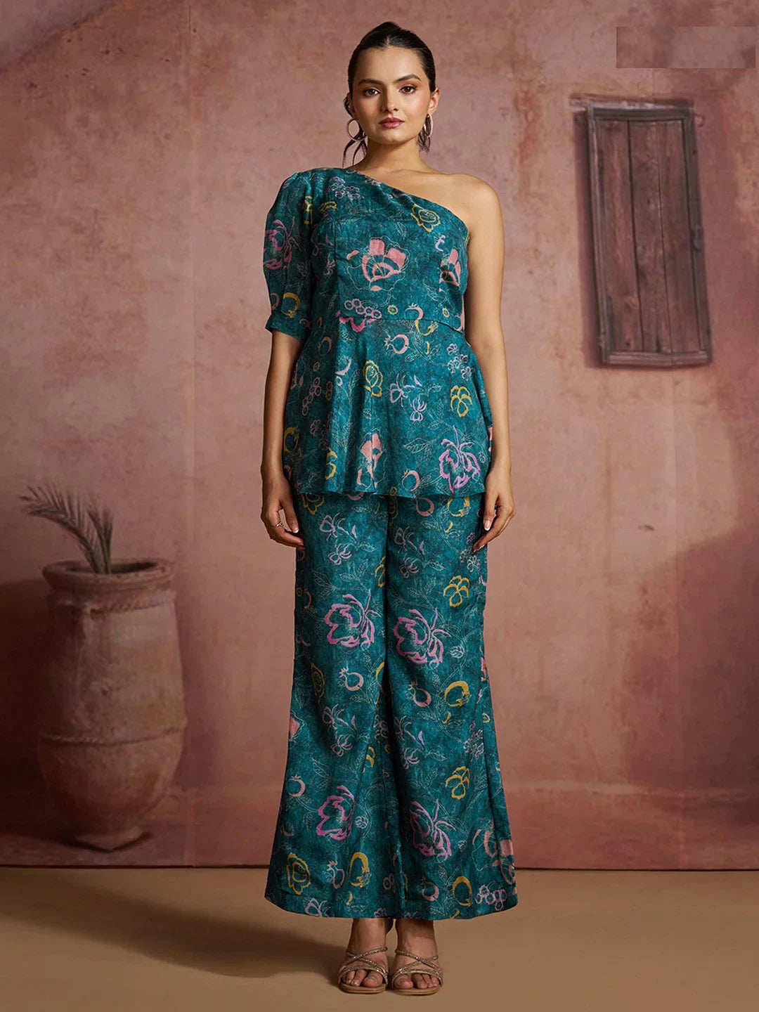 Superior Teal Blue Floral Printed Muslin Silk Cocktail Wear Peplum Co-Ord Set