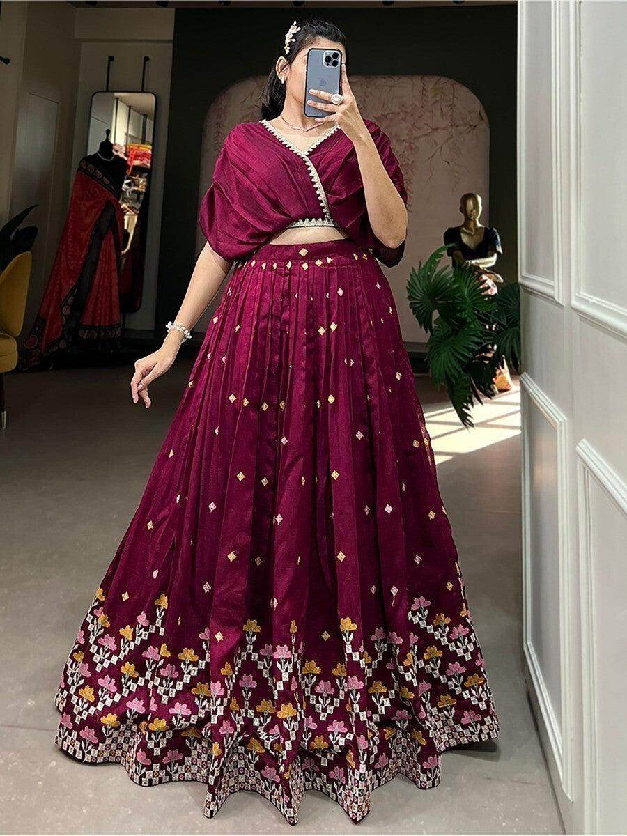 Superior Wine Embroidered Silk Engagement Wear Crop Top Lehenga - Zeel Clothing