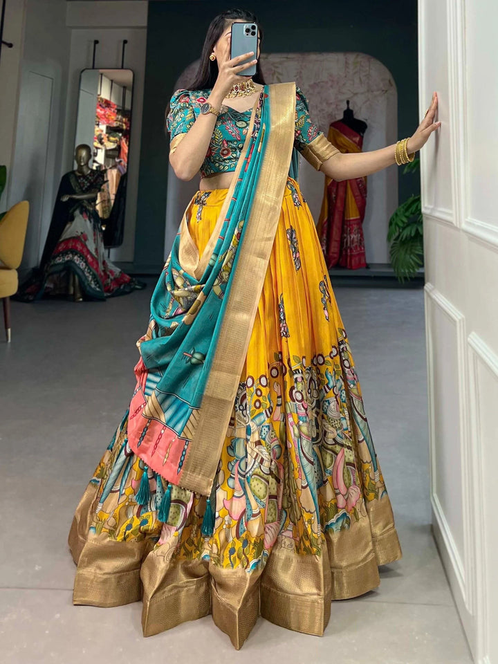 Superior Yellow Kalamkari Print Silk Lehenga Choli With Dupatta