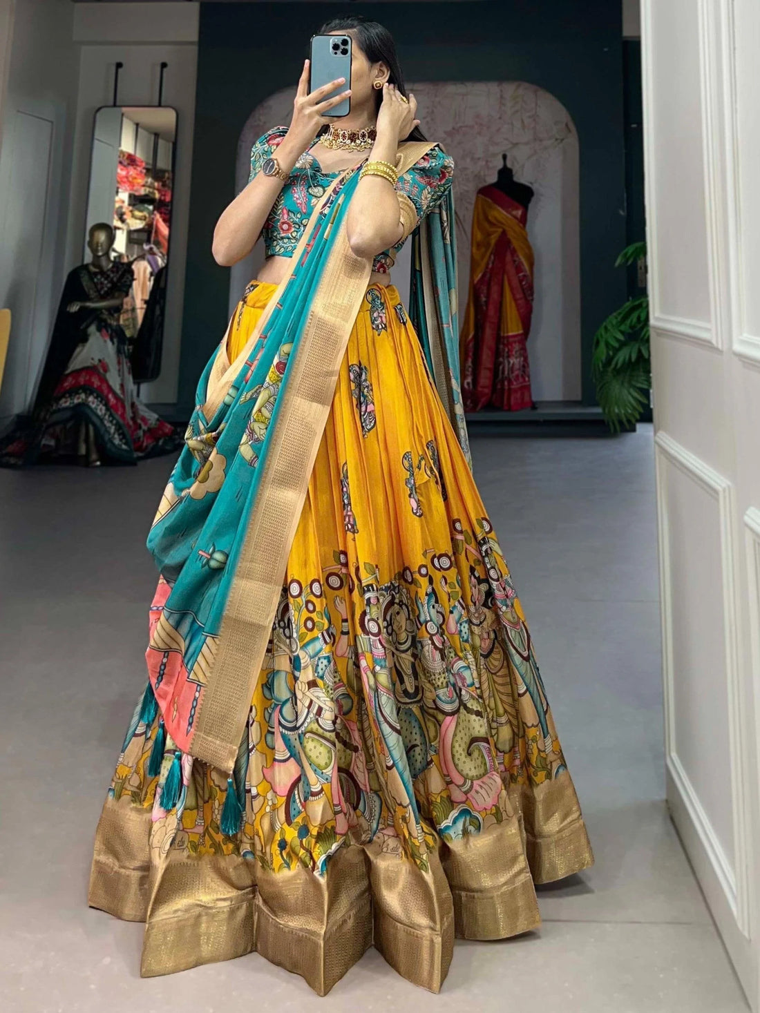Superior Yellow Kalamkari Print Silk Lehenga Choli With Dupatta