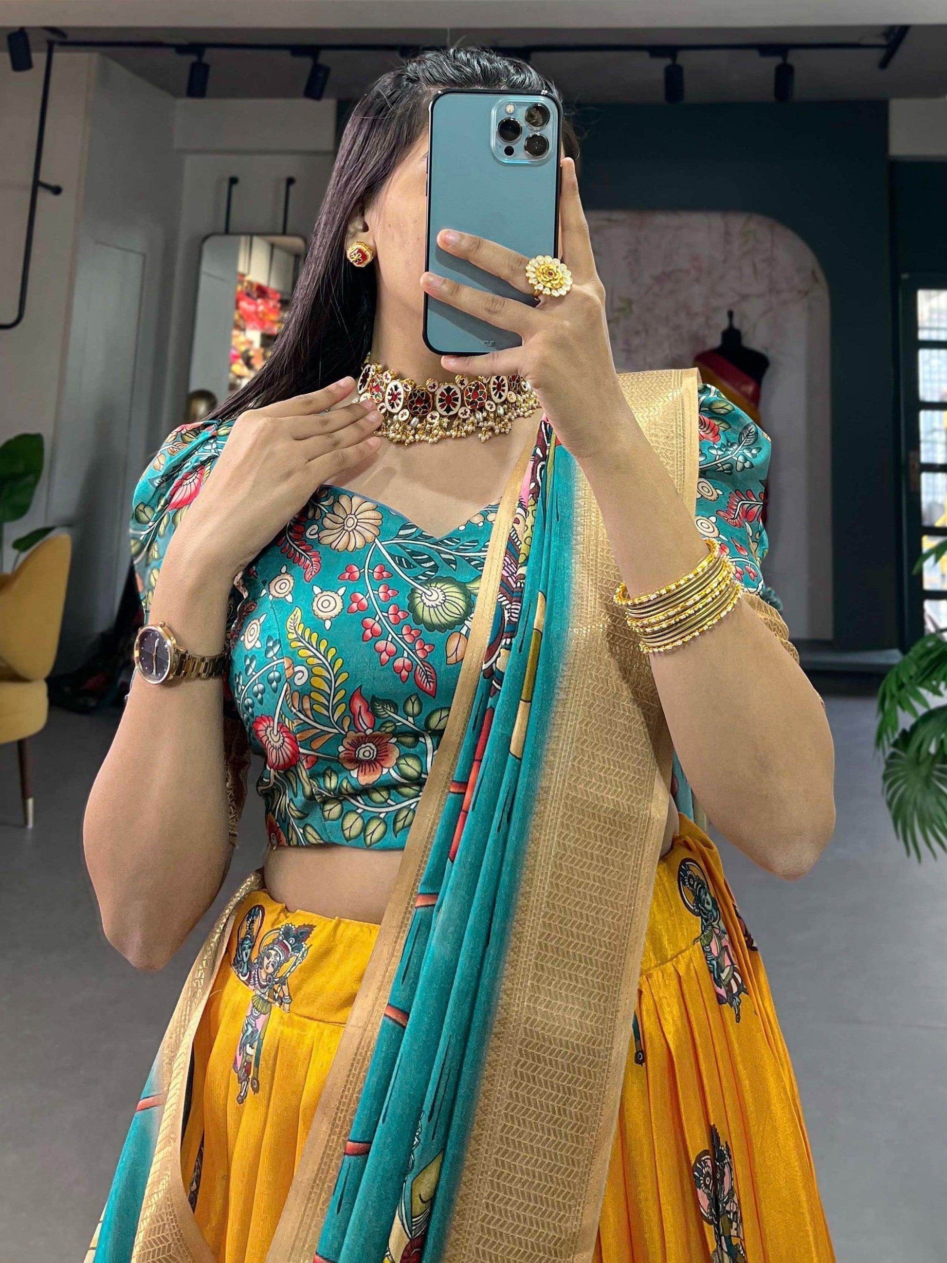 Superior Yellow Kalamkari Print Silk Lehenga Choli With Dupatta - Zeel Clothing