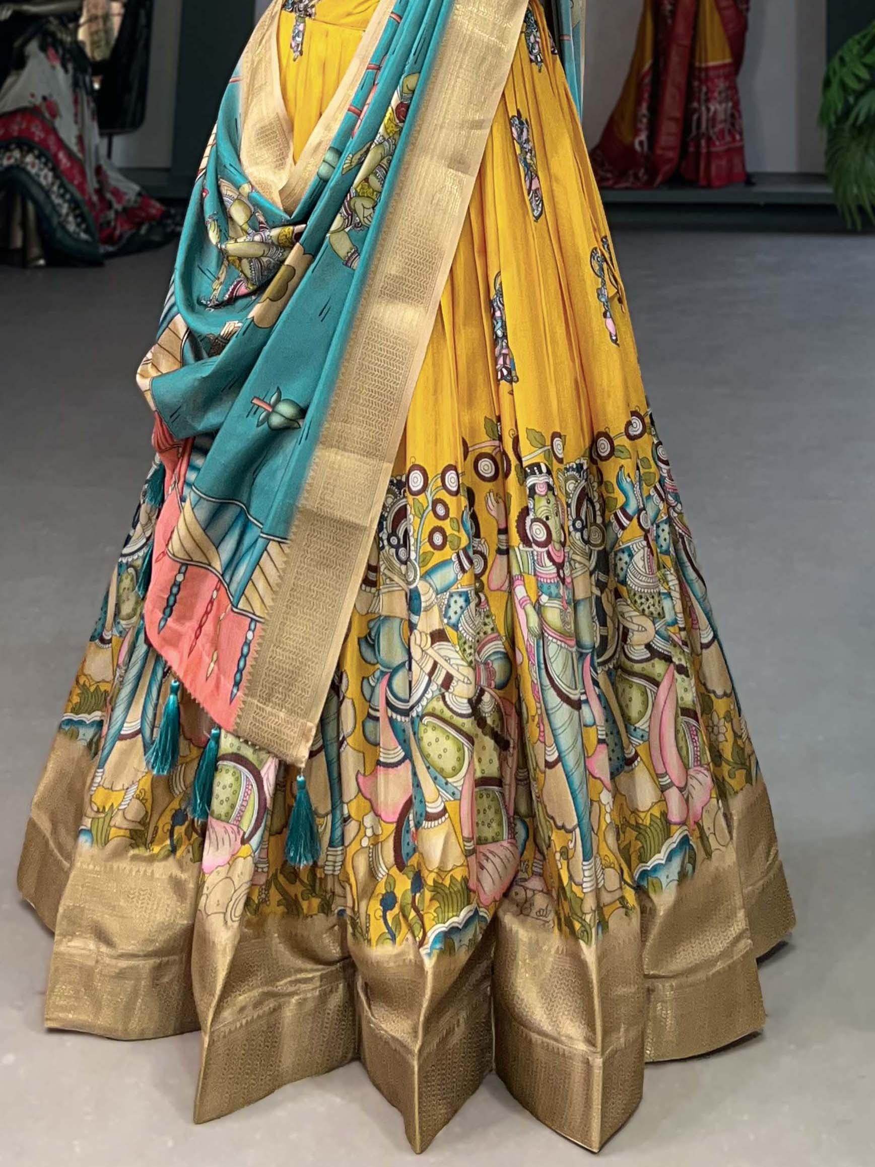 Superior Yellow Kalamkari Print Silk Lehenga Choli With Dupatta - Zeel Clothing