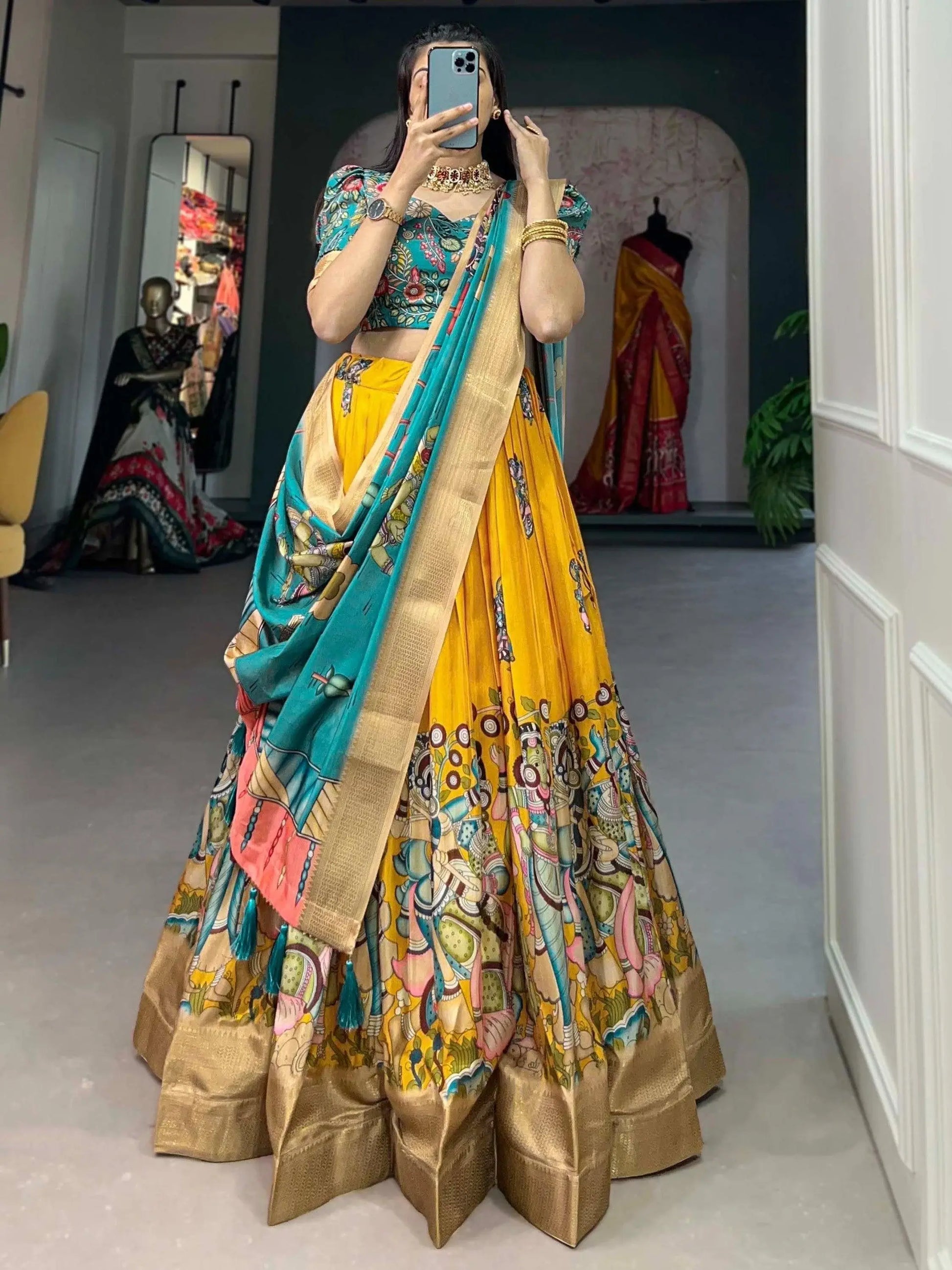 Superior Yellow Kalamkari Print Silk Lehenga Choli With Dupatta - Zeel Clothing