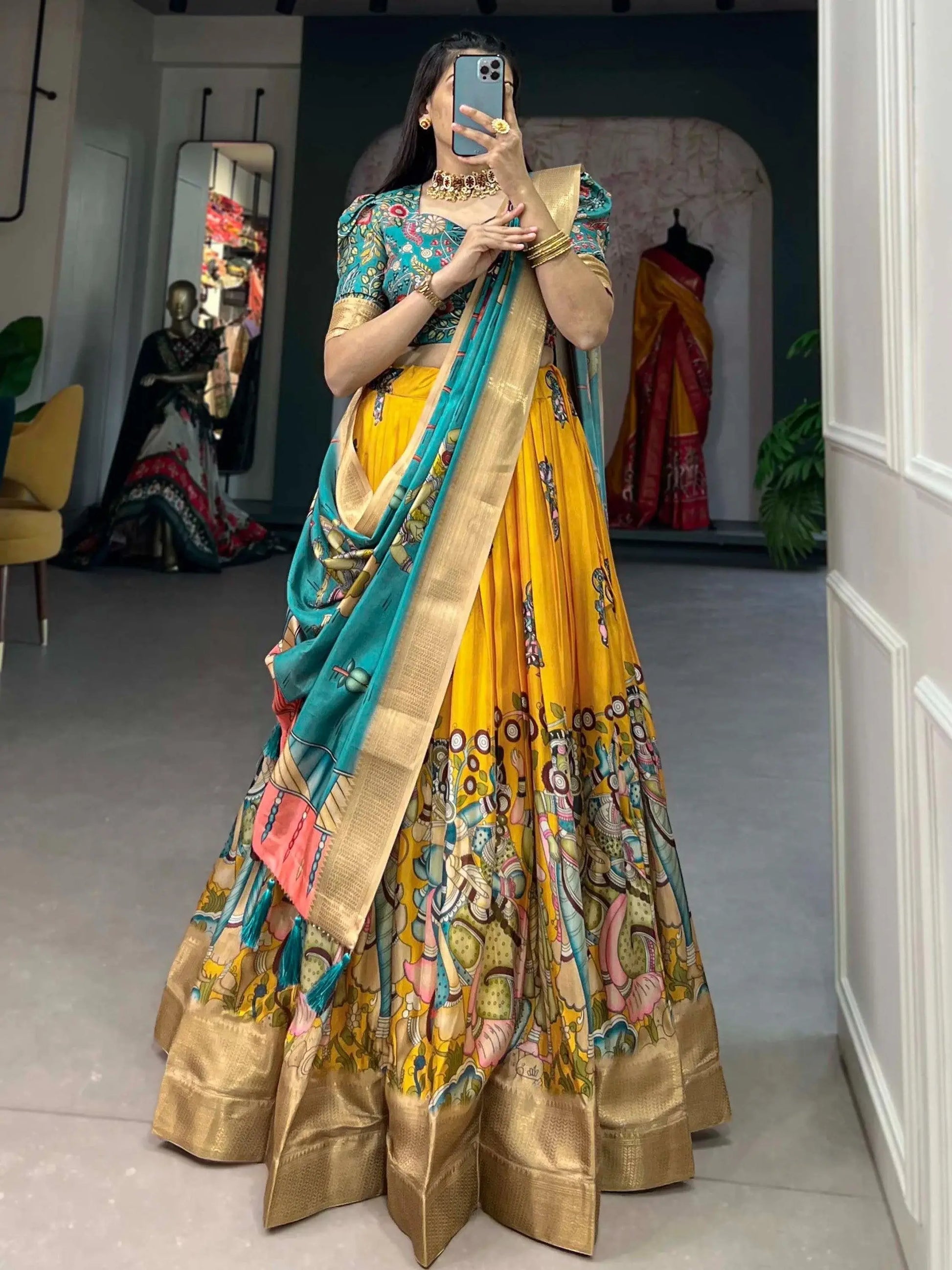 Superior Yellow Kalamkari Print Silk Lehenga Choli With Dupatta - Zeel Clothing
