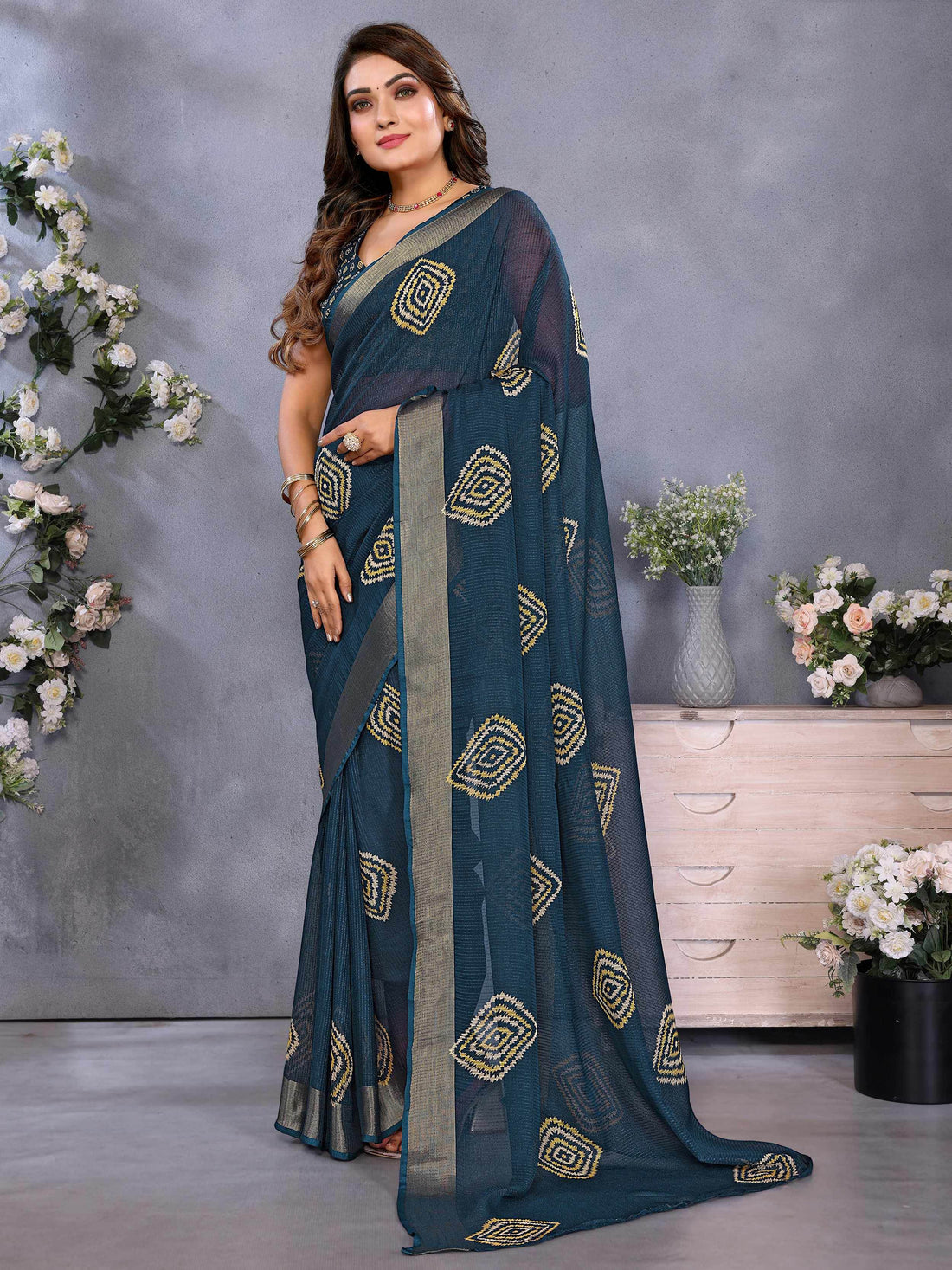 Supreme Teal Blue Shibori Print Chiffon Evening Wear Saree With Blouse - Zeel Clothing