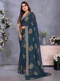 Supreme Teal Blue Shibori Print Chiffon Evening Wear Saree With Blouse - Zeel Clothing