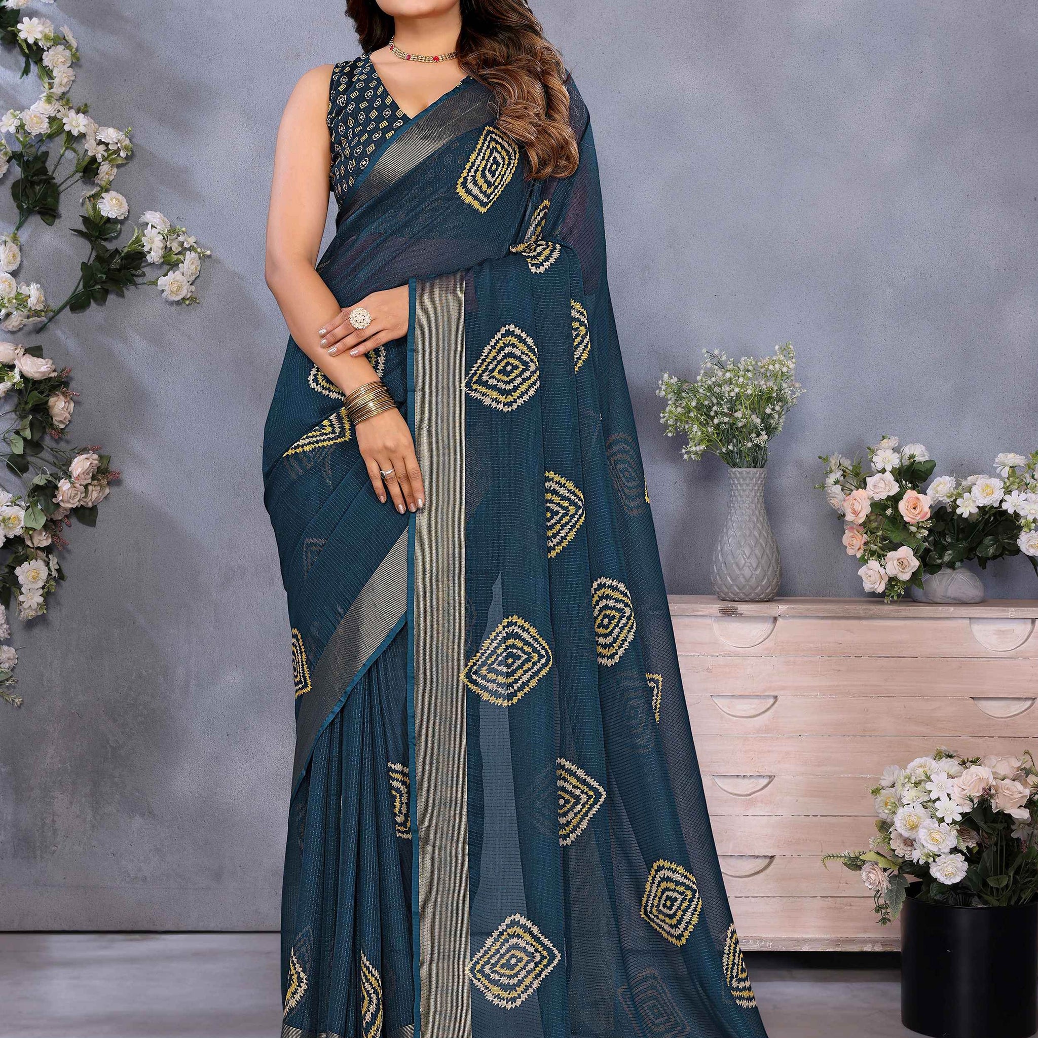 Supreme Teal Blue Shibori Print Chiffon Evening Wear Saree With Blouse - Zeel Clothing