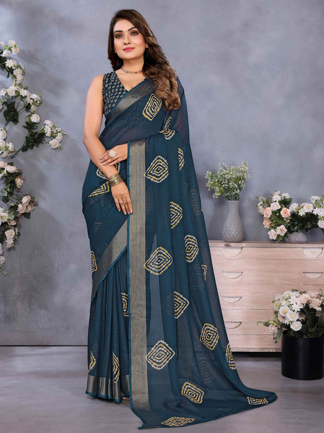 Supreme Teal Blue Shibori Print Chiffon Evening Wear Saree With Blouse - Zeel Clothing