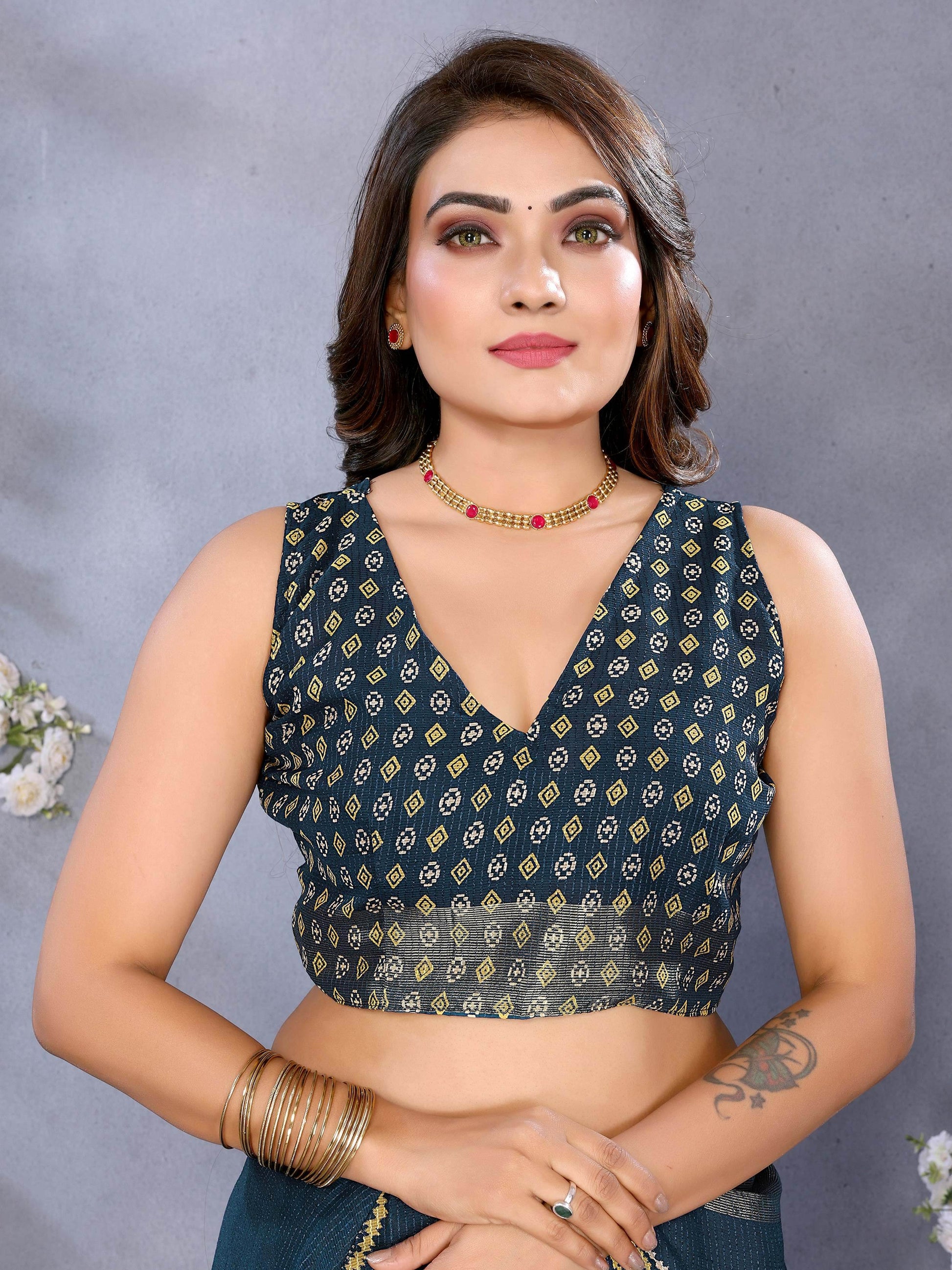 Supreme Teal Blue Shibori Print Chiffon Evening Wear Saree With Blouse - Zeel Clothing