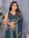 Supreme Teal Blue Shibori Print Chiffon Evening Wear Saree With Blouse - Zeel Clothing