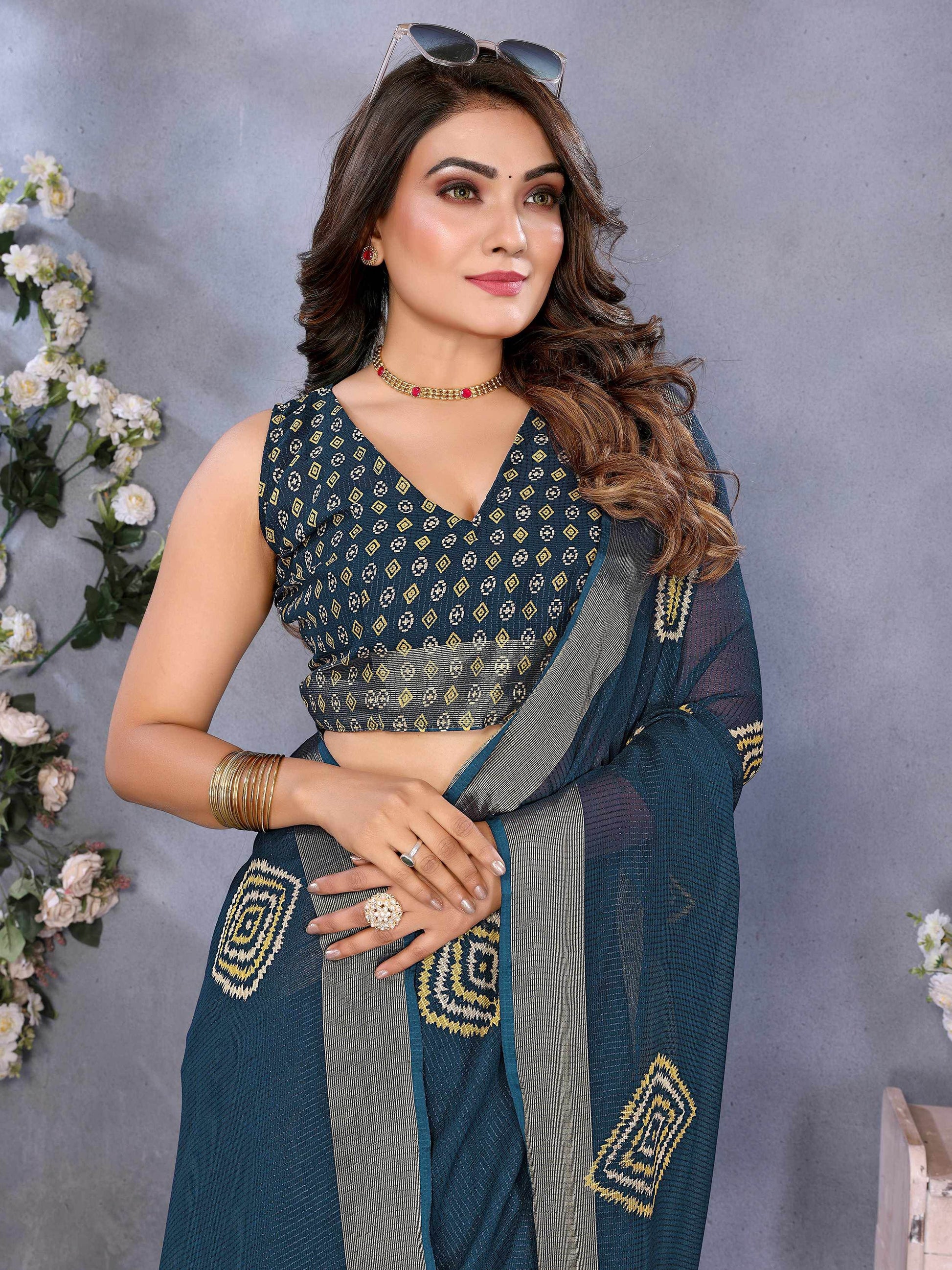 Supreme Teal Blue Shibori Print Chiffon Evening Wear Saree With Blouse - Zeel Clothing