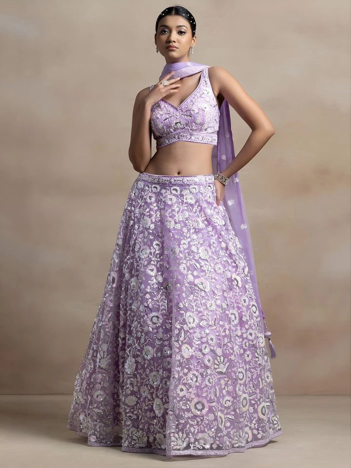 Surprising Lavender Sequins Net Reception Wear Lehenga Choli