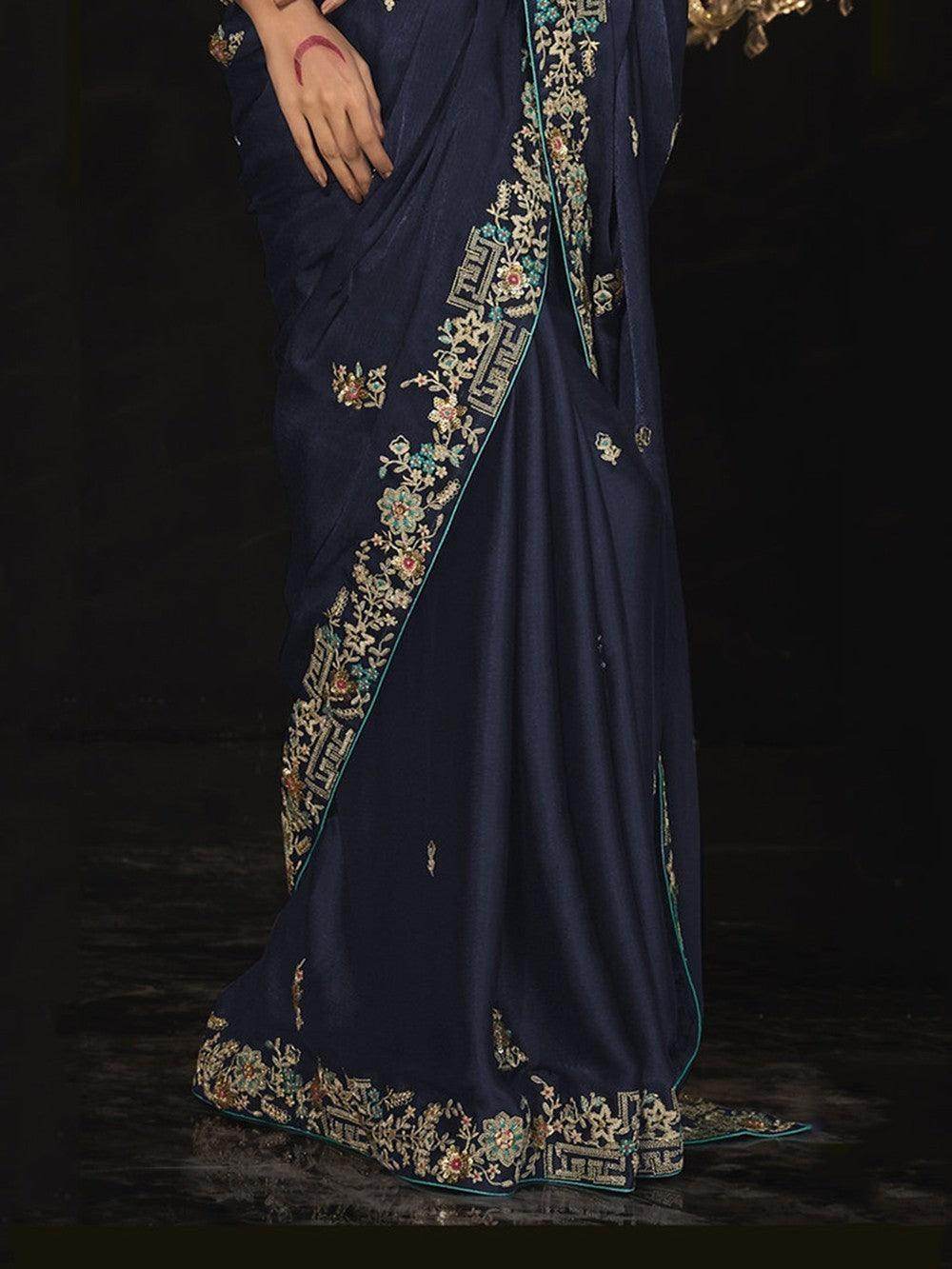 Surprising Navy Blue Embroidered Silk Reception Wear Saree - Zeel Clothing