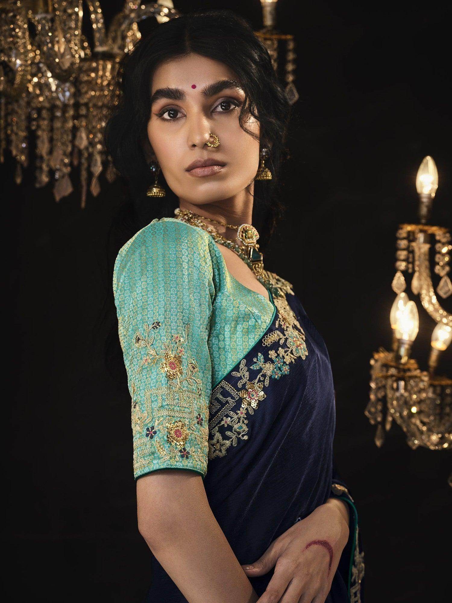 Surprising Navy Blue Embroidered Silk Reception Wear Saree - Zeel Clothing