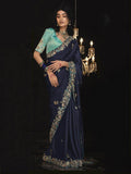 Surprising Navy Blue Embroidered Silk Reception Wear Saree - Zeel Clothing
