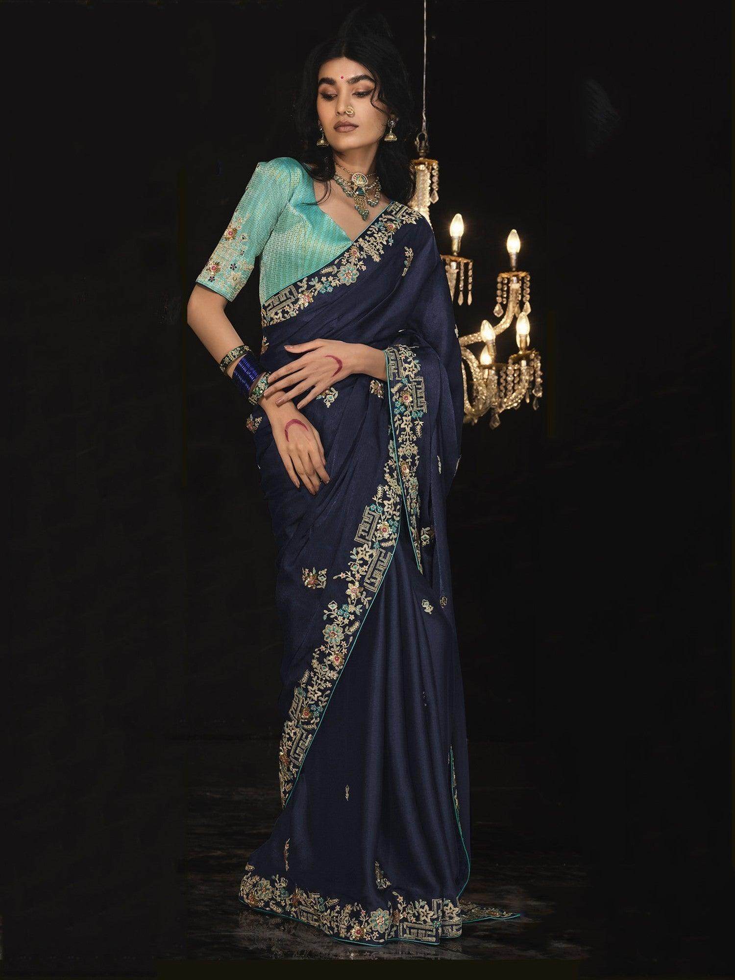Surprising Navy Blue Embroidered Silk Reception Wear Saree - Zeel Clothing