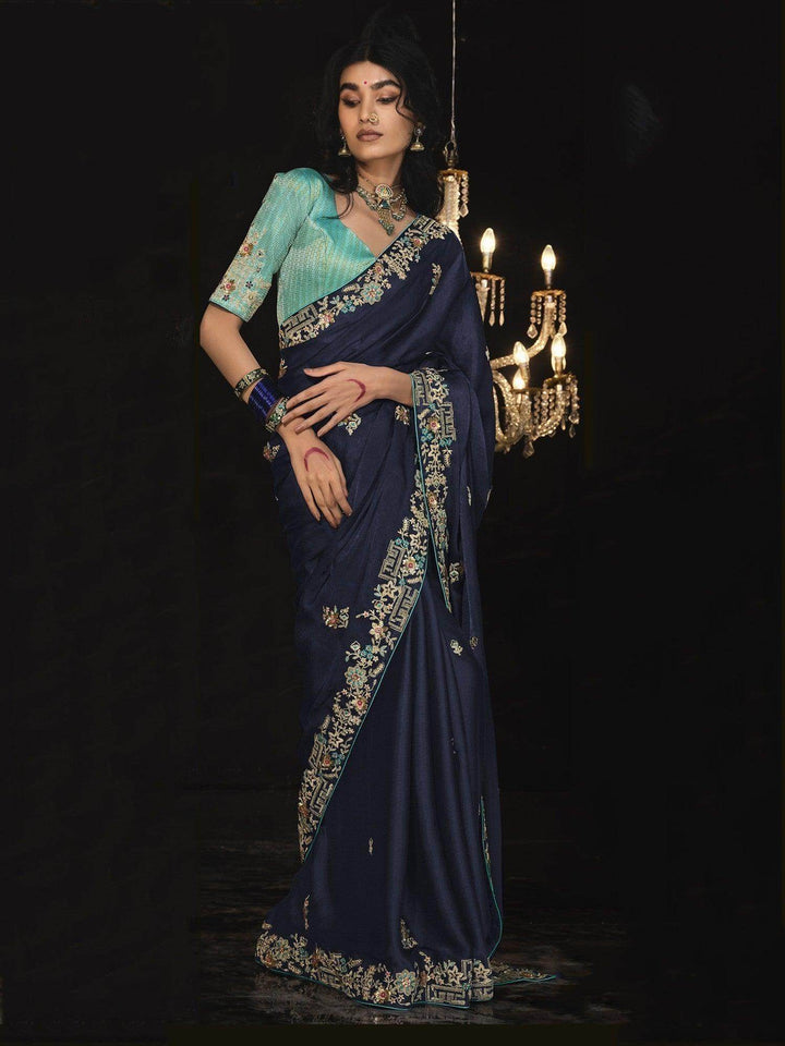 Surprising Navy Blue Embroidered Silk Reception Wear Saree - Zeel Clothing