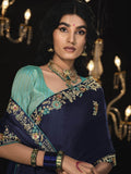 Surprising Navy Blue Embroidered Silk Reception Wear Saree - Zeel Clothing
