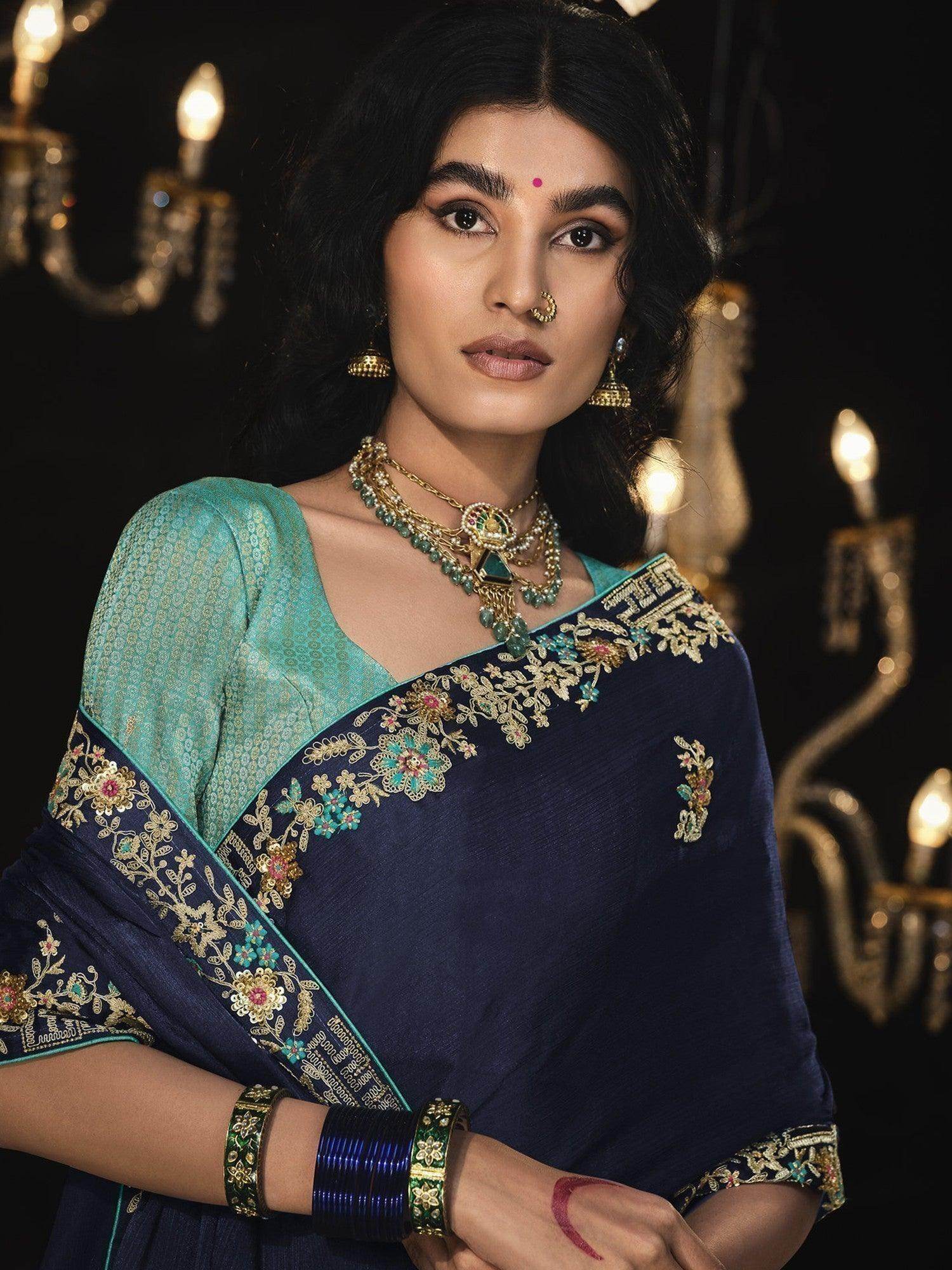 Surprising Navy Blue Embroidered Silk Reception Wear Saree - Zeel Clothing
