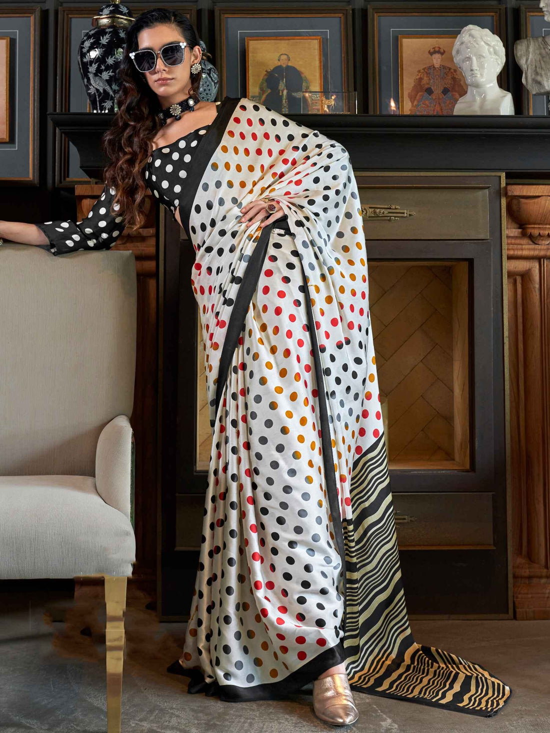 Surprising White Digital Printed Satin Office Wear Saree With Dupatta - Zeel Clothing