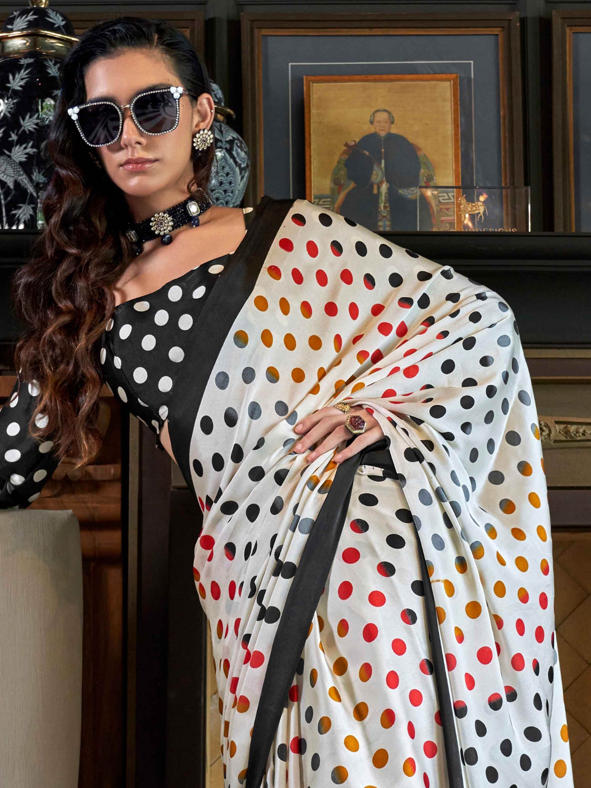 Surprising White Digital Printed Satin Office Wear Saree With Dupatta - Zeel Clothing