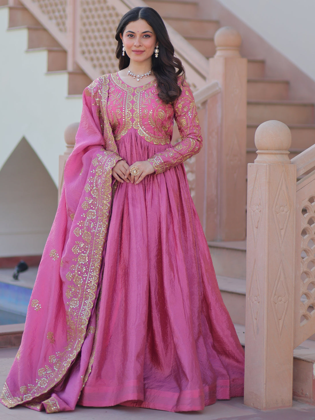 Sweet Baby Pink Sequins Organza Party Wear Gown With Dupatta - Zeel Clothing