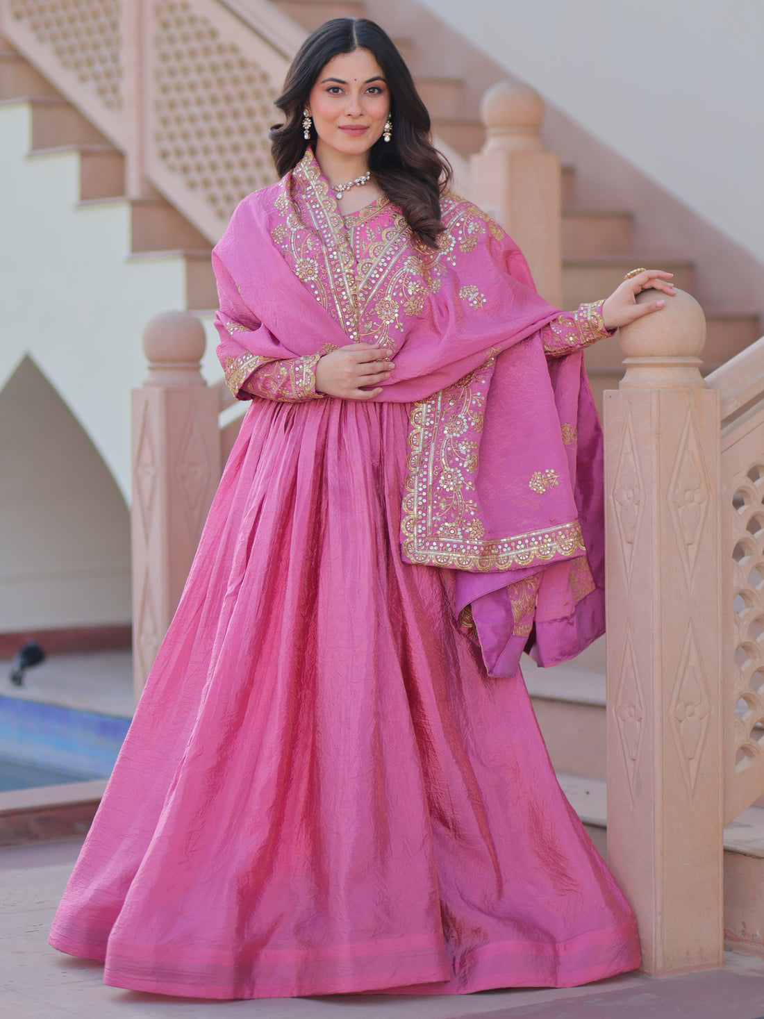 Sweet Baby Pink Sequins Organza Party Wear Gown With Dupatta - Zeel Clothing