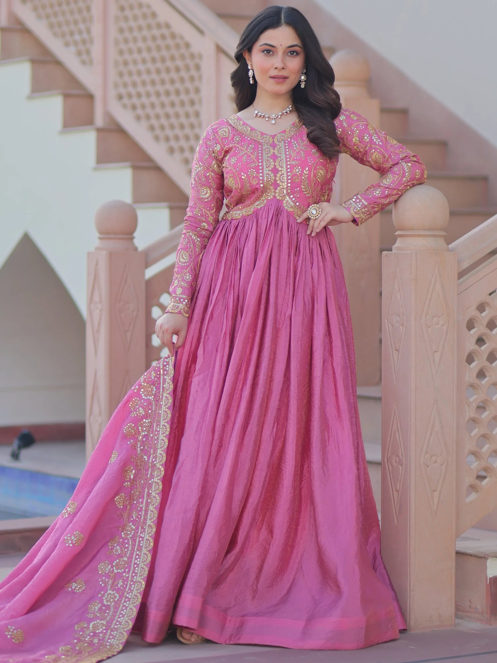 Sweet Baby Pink Sequins Organza Party Wear Gown With Dupatta - Zeel Clothing