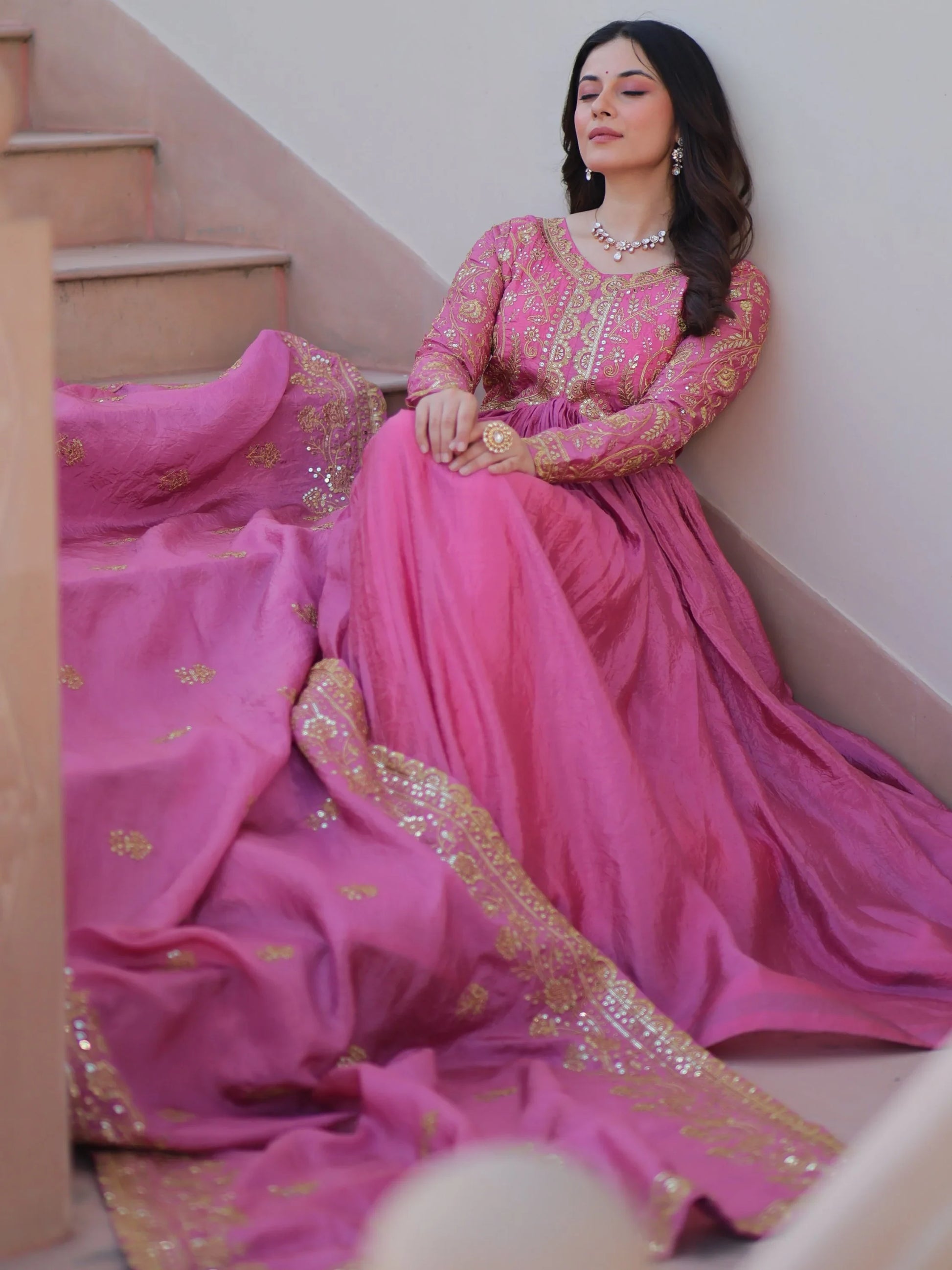 Sweet Baby Pink Sequins Organza Party Wear Gown With Dupatta - Zeel Clothing