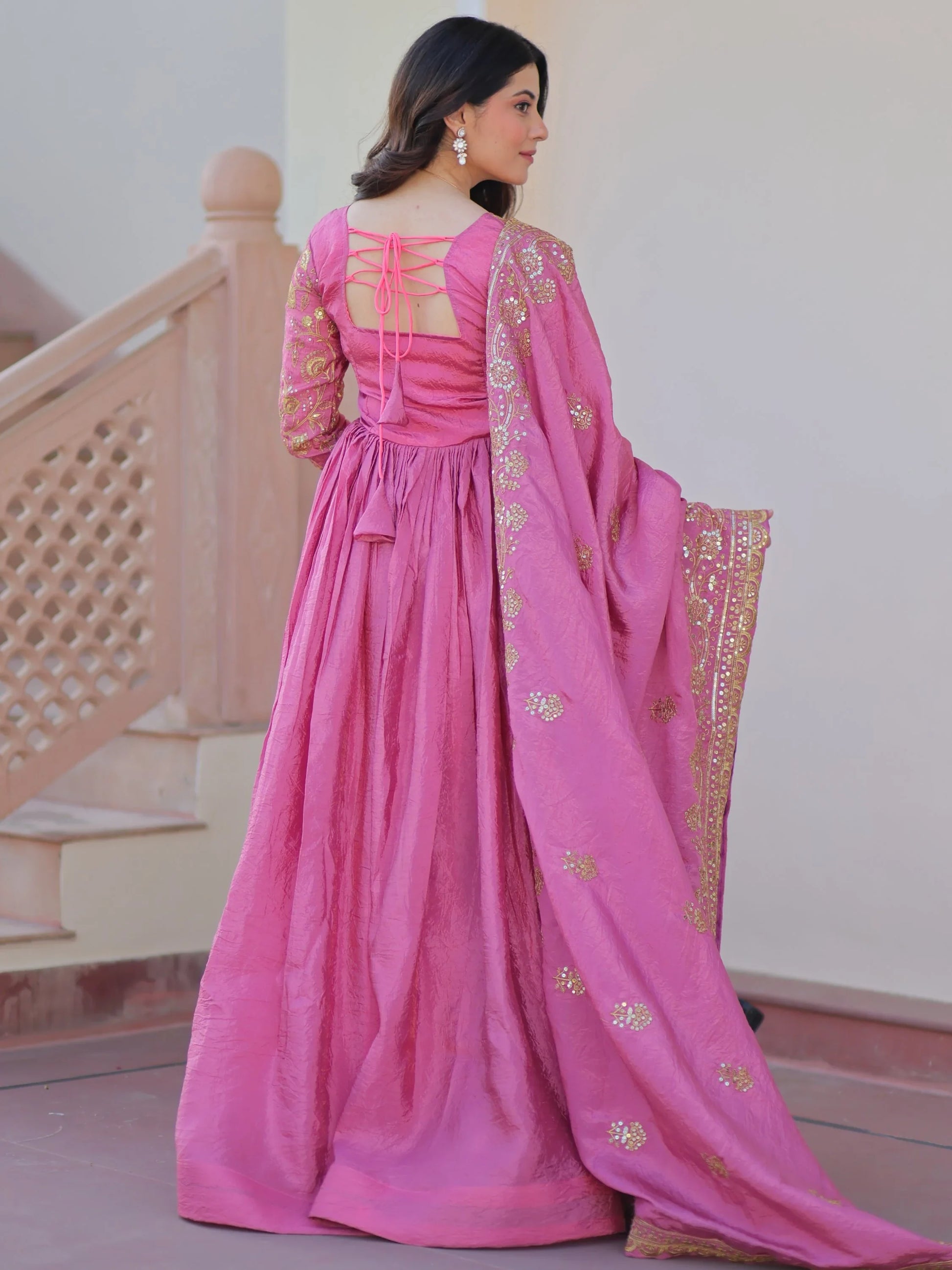 Sweet Baby Pink Sequins Organza Party Wear Gown With Dupatta - Zeel Clothing