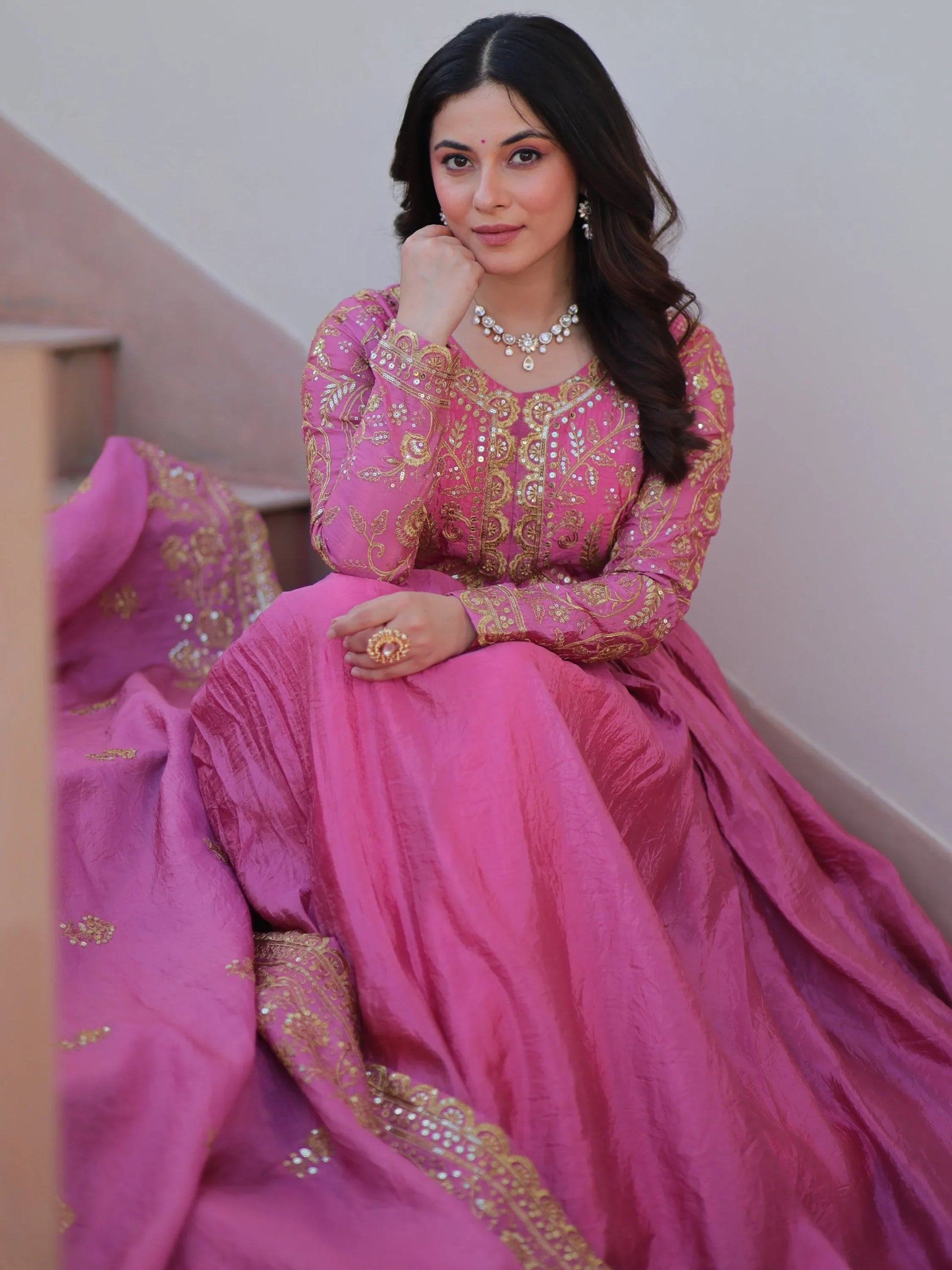 Sweet Baby Pink Sequins Organza Party Wear Gown With Dupatta - Zeel Clothing