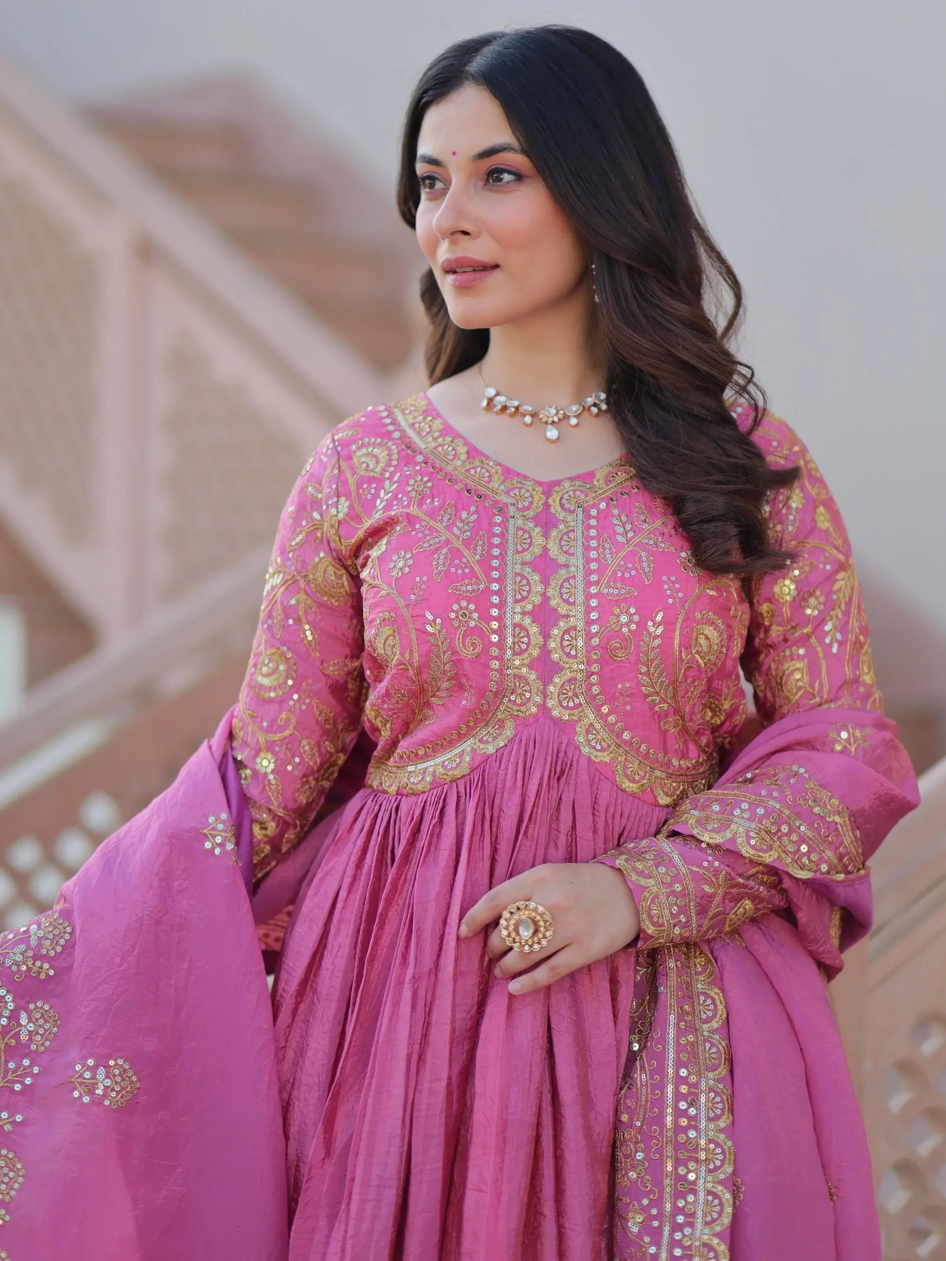 Sweet Baby Pink Sequins Organza Party Wear Gown With Dupatta - Zeel Clothing